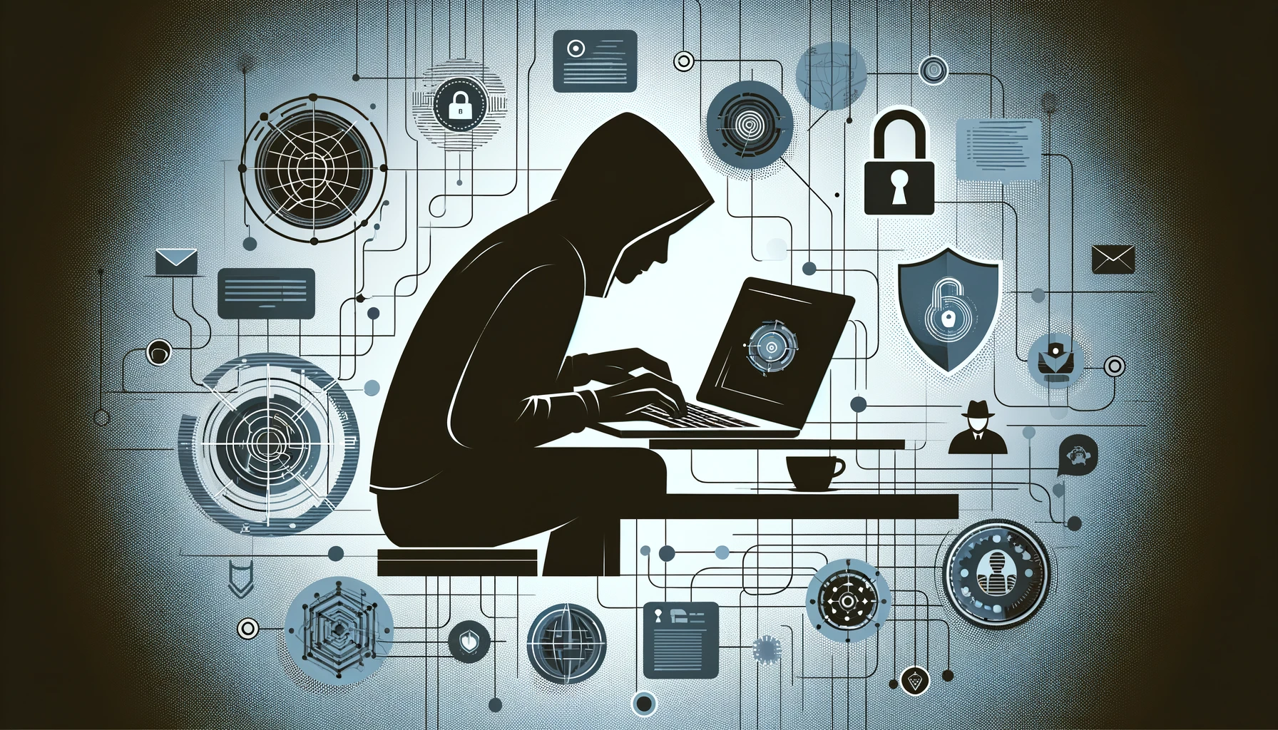 Minimalist illustration of a hacker working on a laptop with abstract representations of cybersecurity, data protection, and threat detection in the background.