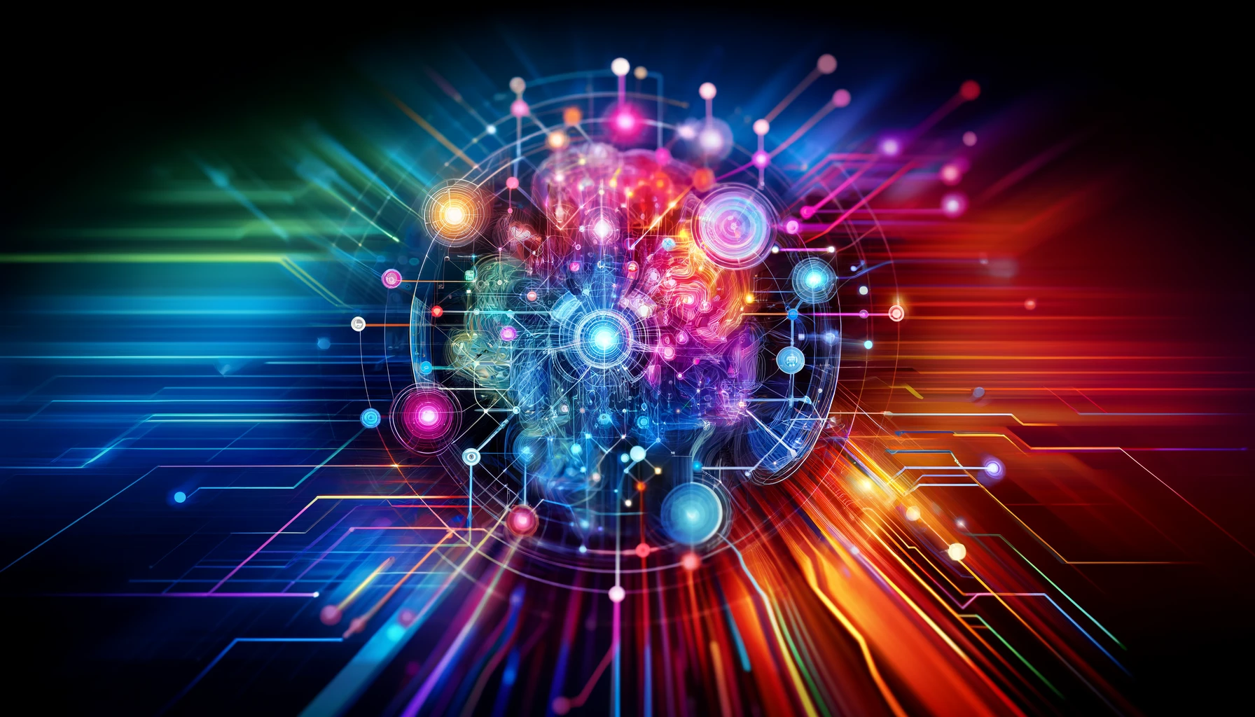 Abstract digital art symbolizing AI combinations with interconnected nodes, circuits, and neural networks, highlighting the complexity and synergy of AI technologies in a futuristic design.