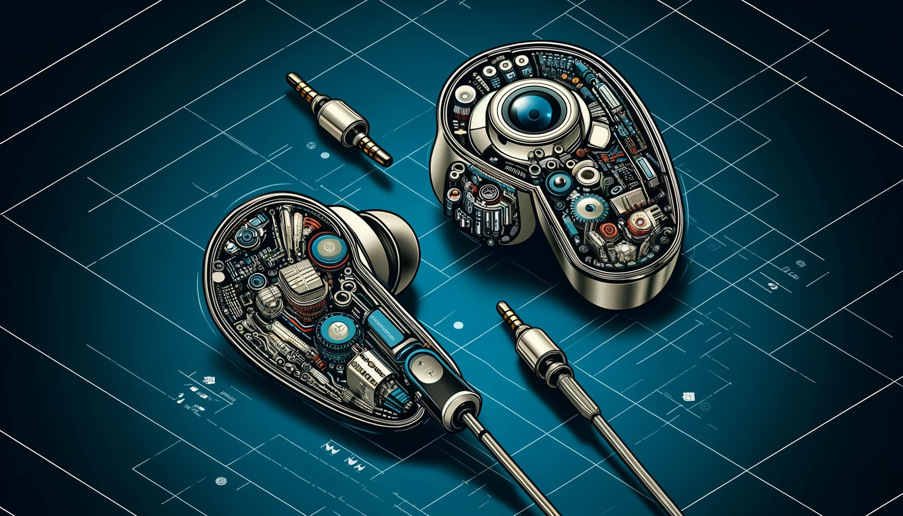 Technical illustration of AI components in IYO earbuds