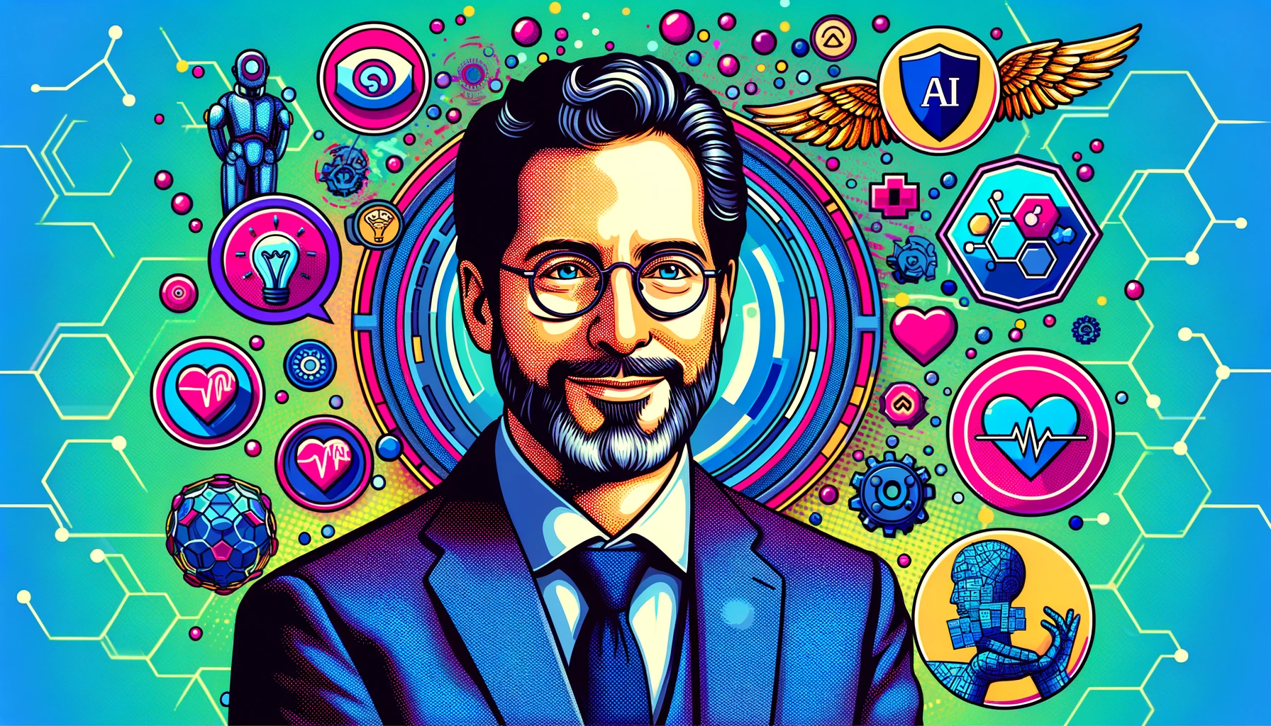 Eric Lefkofsky, founder of Tempus, surrounded by AI elements and healthcare symbols.