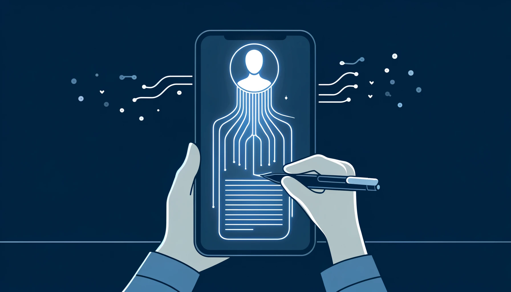 Minimalist illustration of person using Autobiographers app with AI light trails