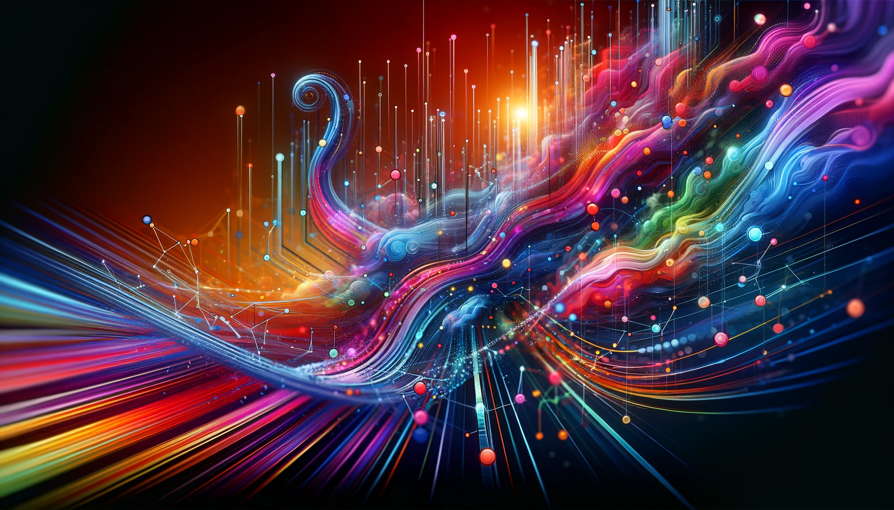 Abstract illustration of data flow and collaboration with interconnected nodes and dynamic lines.