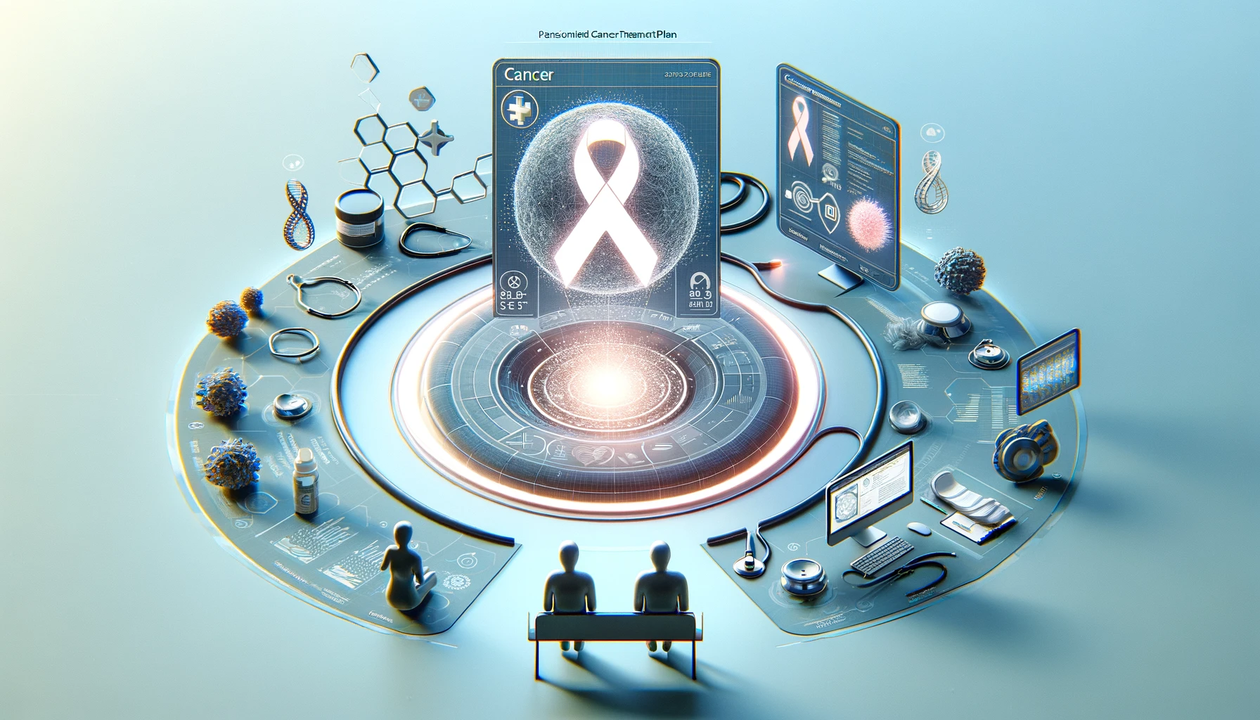 Minimalist visualization of AI-driven personalized cancer treatment plans