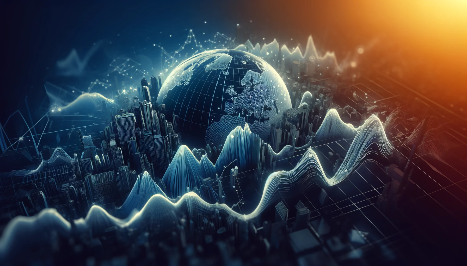 Stylized graphic of economic landscape with fluctuating lines for high-interest rates and inflation.