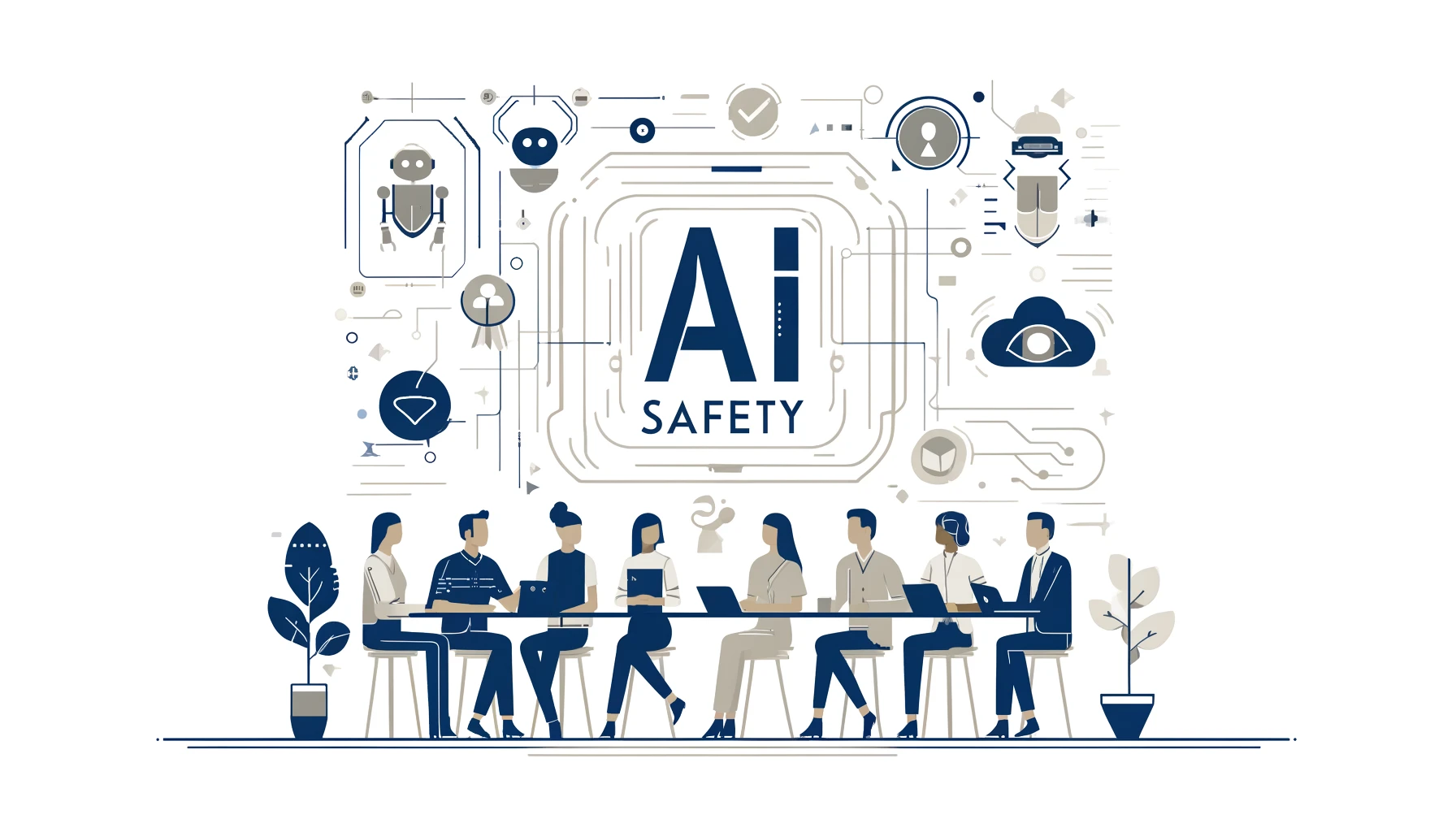 Minimalist illustration of a diverse group of people in a futuristic setting discussing AI safety, with clean lines and simple geometric shapes.