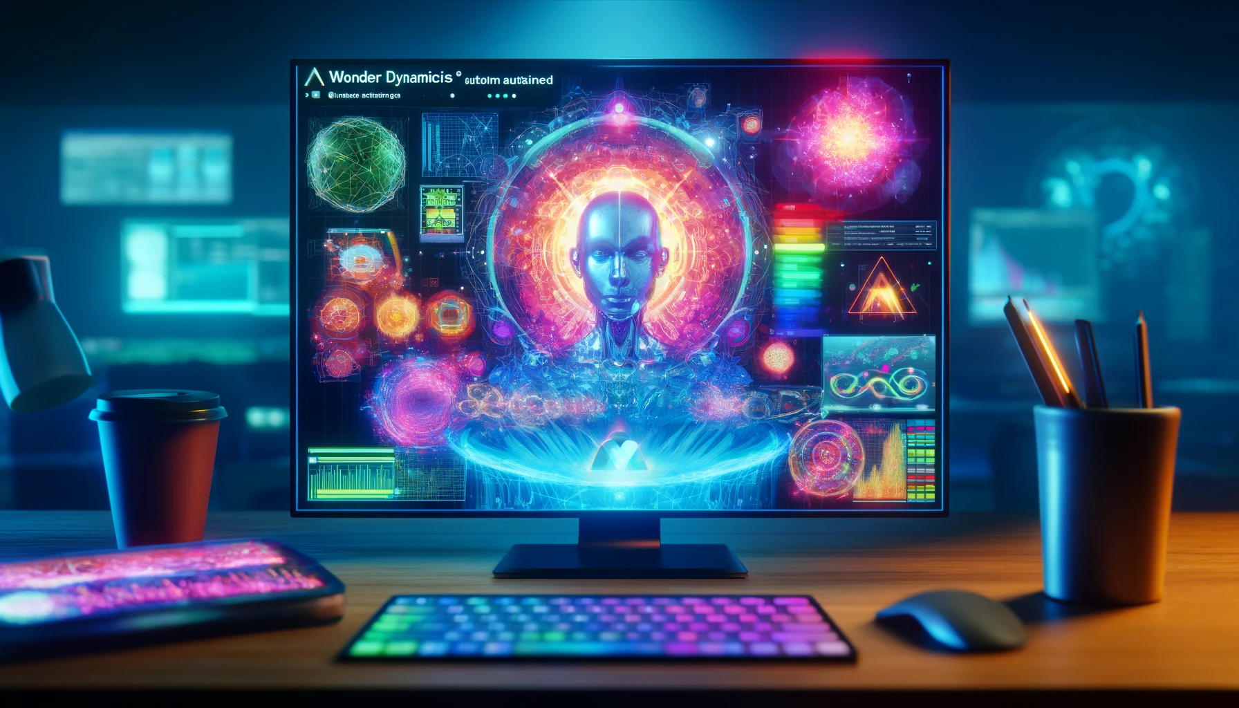 Visualization of Wonder Dynamics' AI technology automating VFX tasks in Autodesk's Maya, with vibrant colors and a high-tech feel.