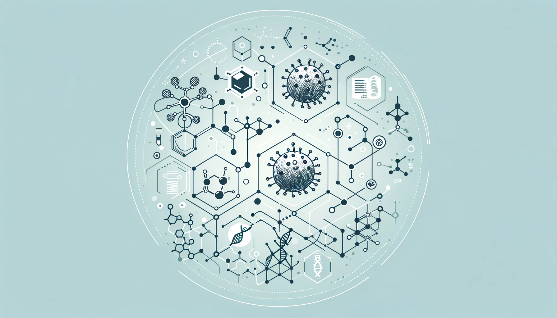 Minimalistic depiction of molecular structures and cells in biotech research.