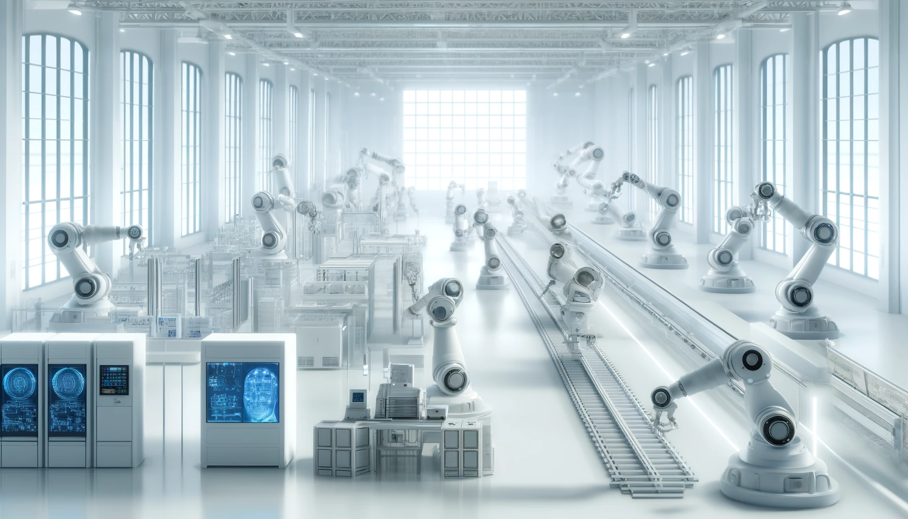 Futuristic factory with AI robots optimizing production lines in a minimalist style.