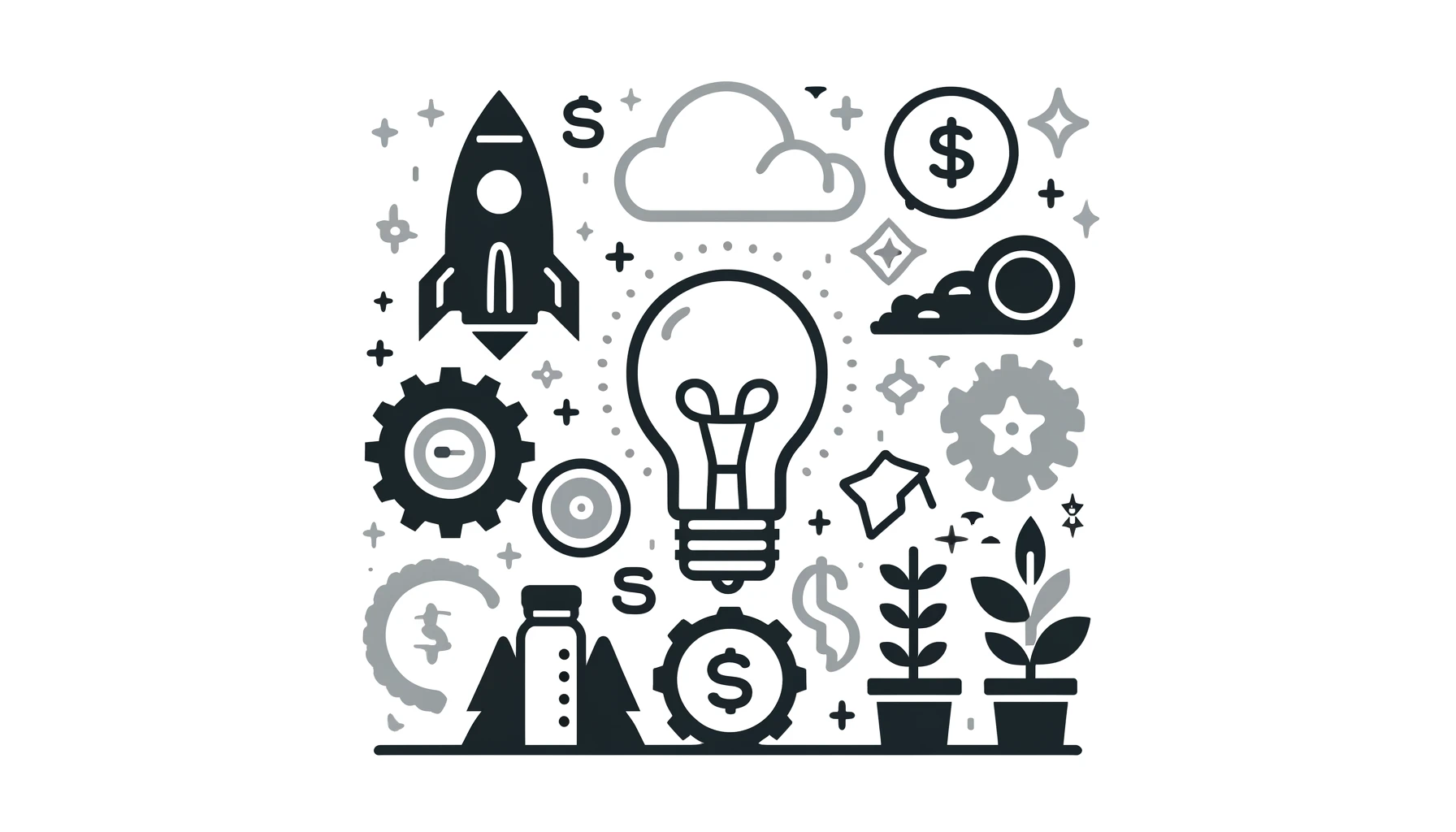 Minimalistic style symbols of a startup, including lightbulb, rocket, gears, and dollar sign, in a clean design.