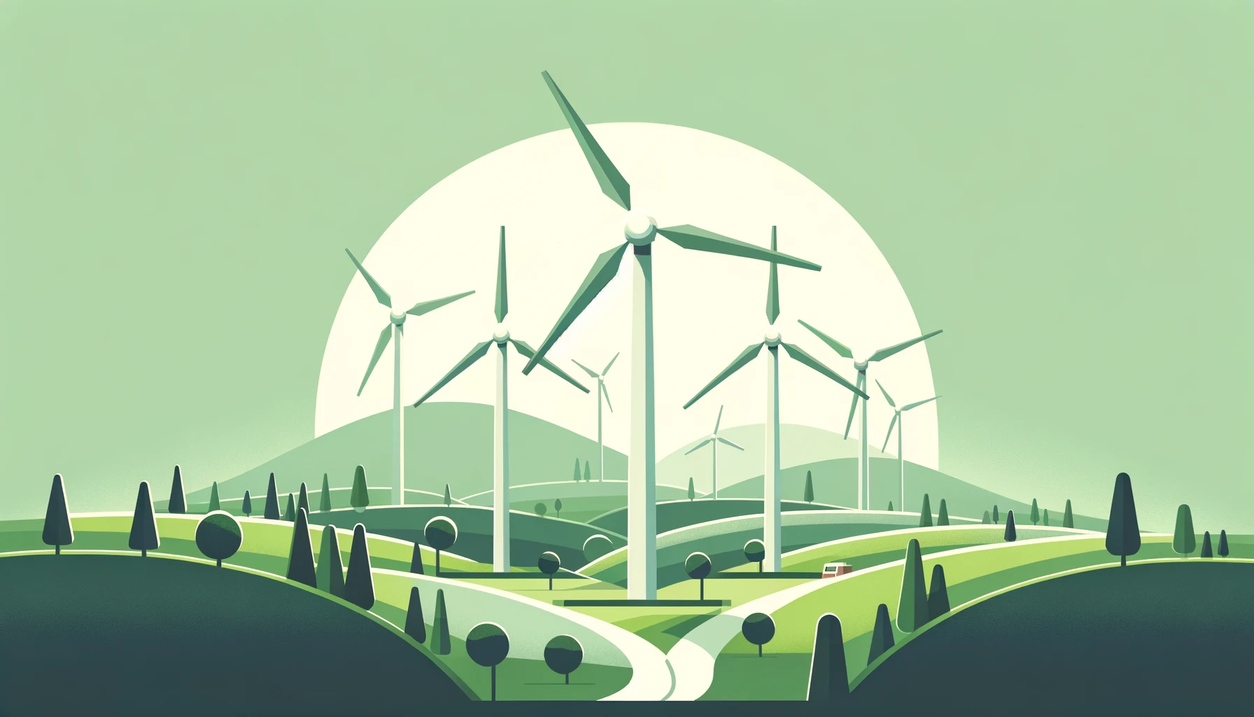 Minimalist style illustration of wind turbines in a green landscape