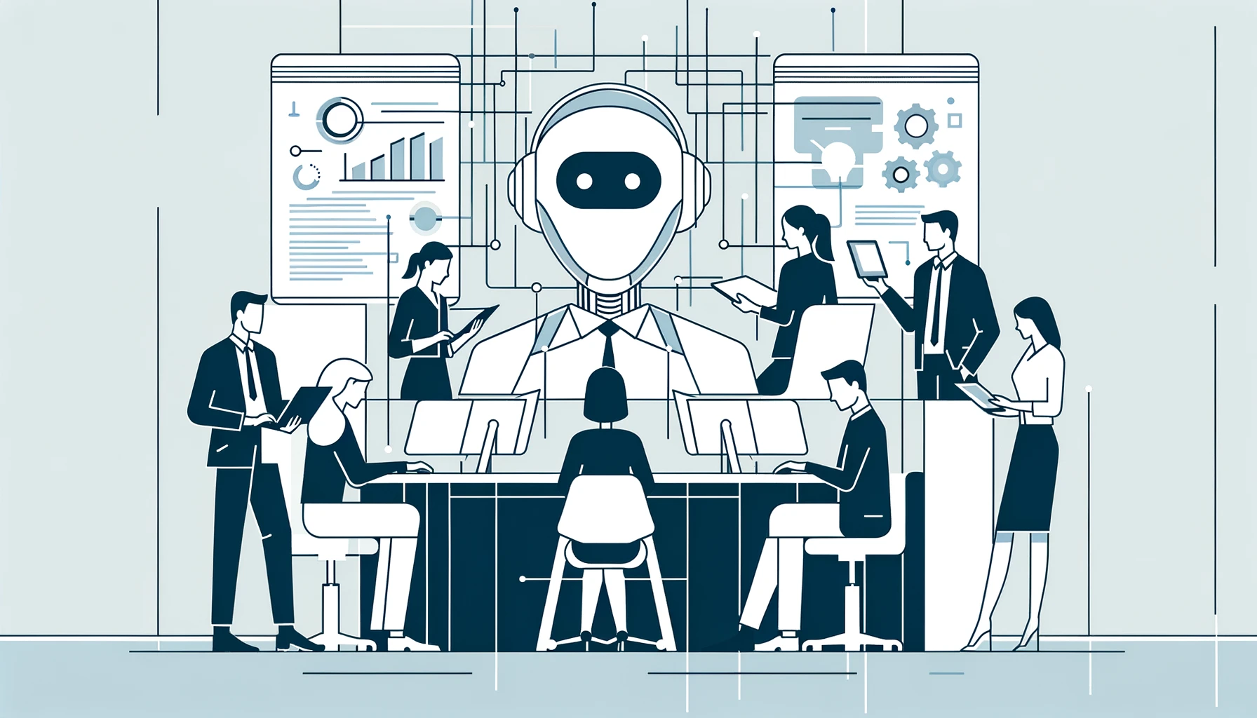 Minimalist illustration of corporate professionals collaborating with AI technology in a modern office environment