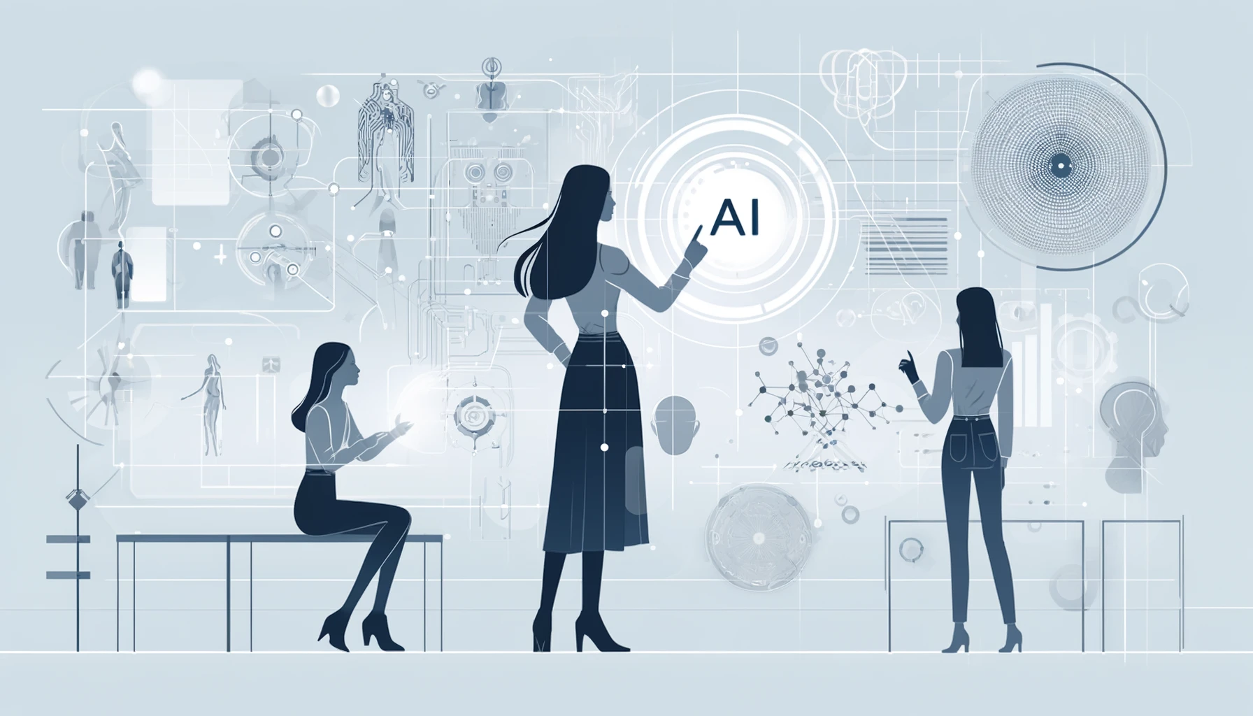 Women shaping AI technology in a minimalist futuristic setting.