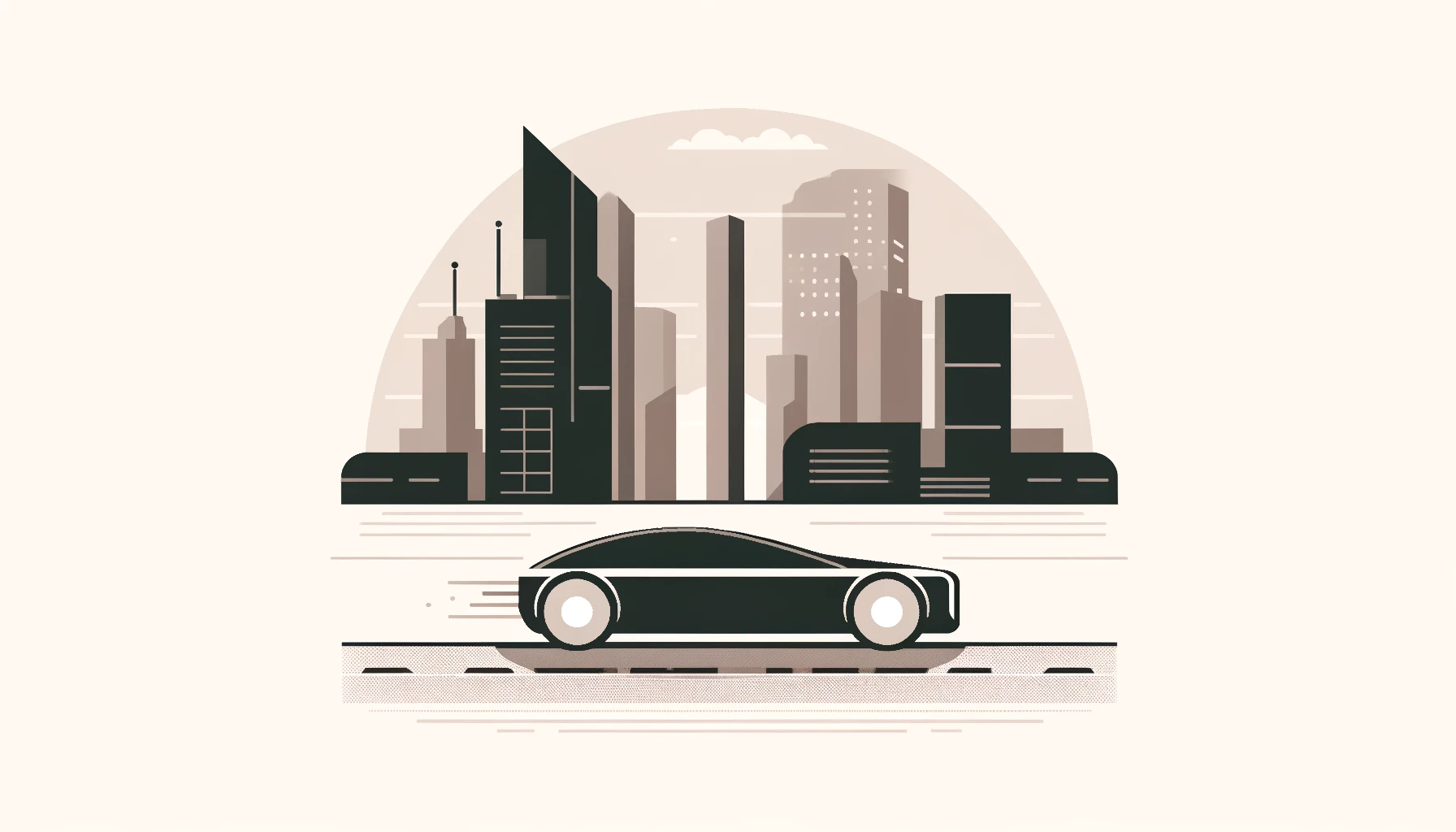 Minimalist illustration of an unmanned car driving through a modern cityscape, with simple geometric shapes and muted colors.