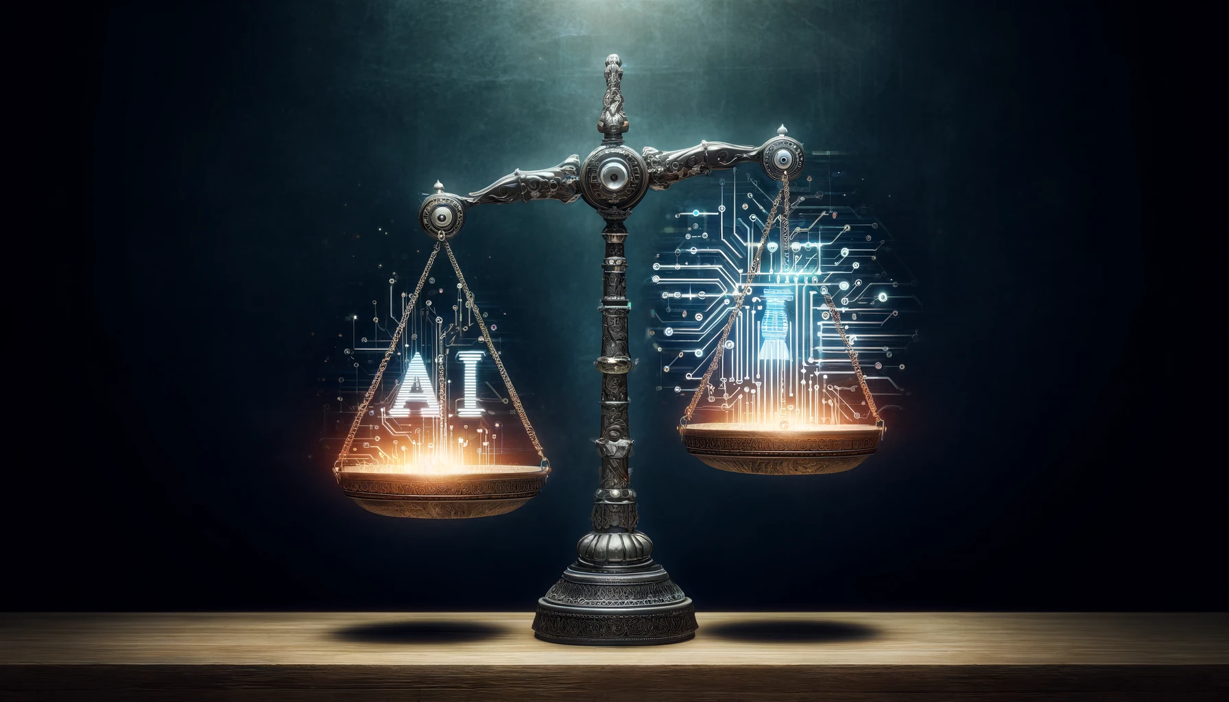 Artistic interpretation of AI balancing scales, illustrating the tension between safety and innovation.