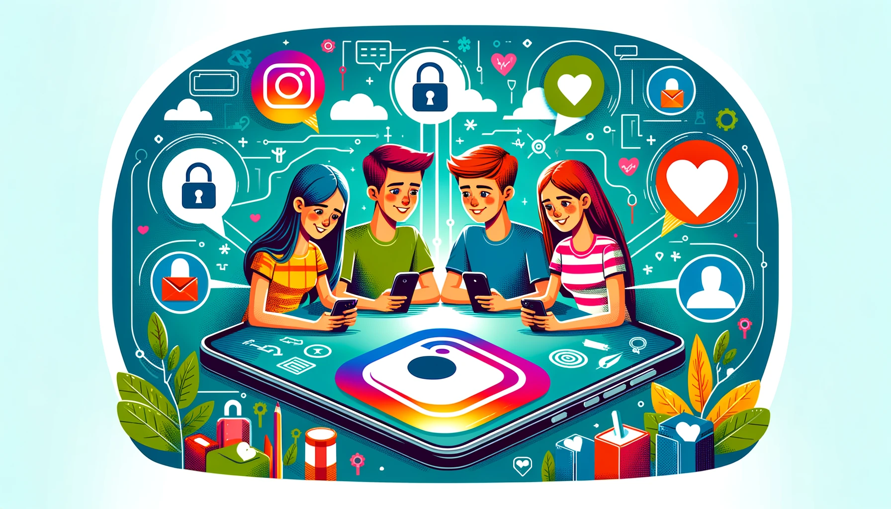 Digital artwork showing teens safely interacting on Instagram with close friends.
