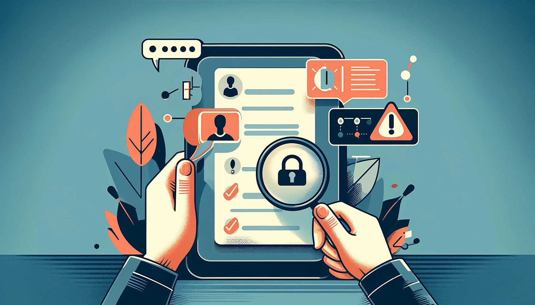 Illustration of a workplace communication tool being scrutinized for data privacy.