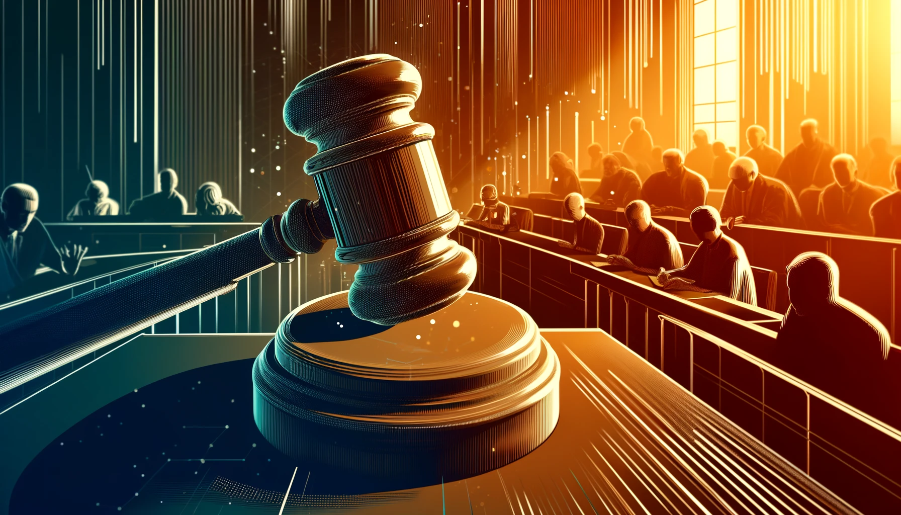 Courtroom illustration depicting legal action over unauthorized AI training