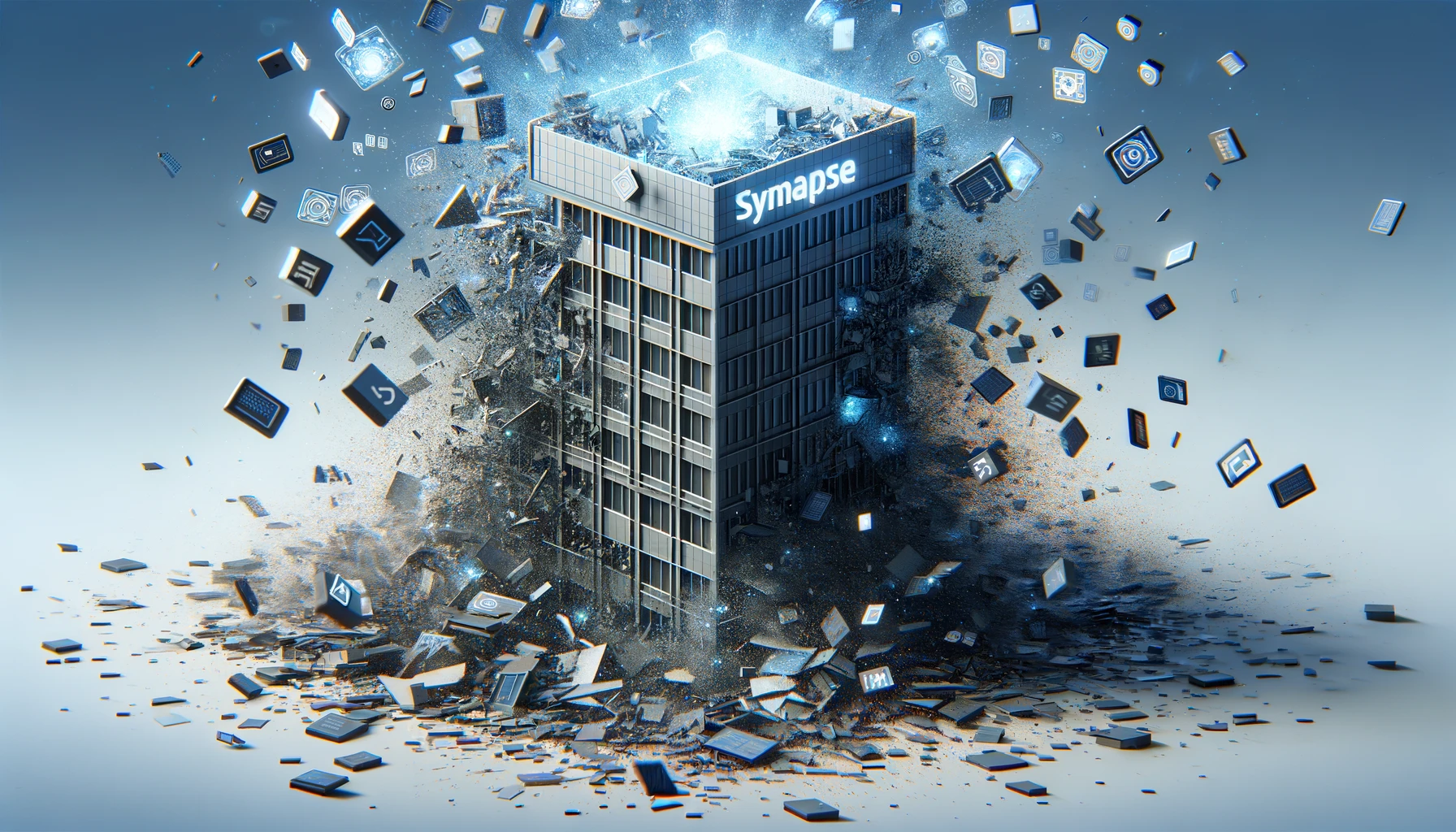 3D rendering of the collapse of a building labeled 'Synapse' with digital elements flying out.