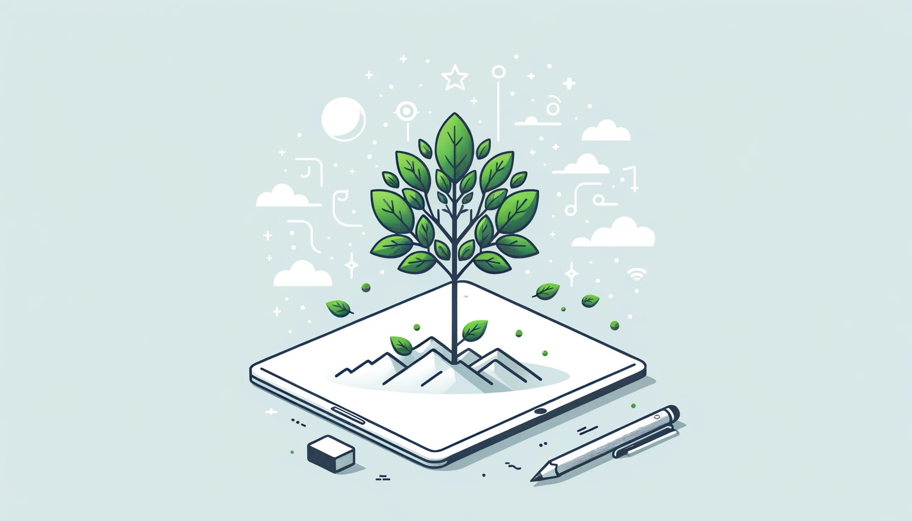 Minimalist vector illustration of a tree growing from a digital tablet representing startup growth.
