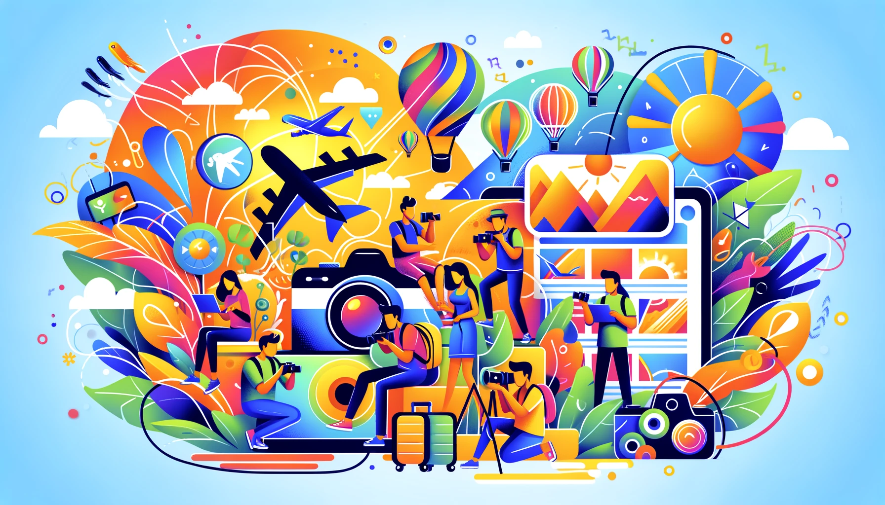 Colorful, abstract illustration of travel content creators using the Plannin platform, sharing travel experiences.