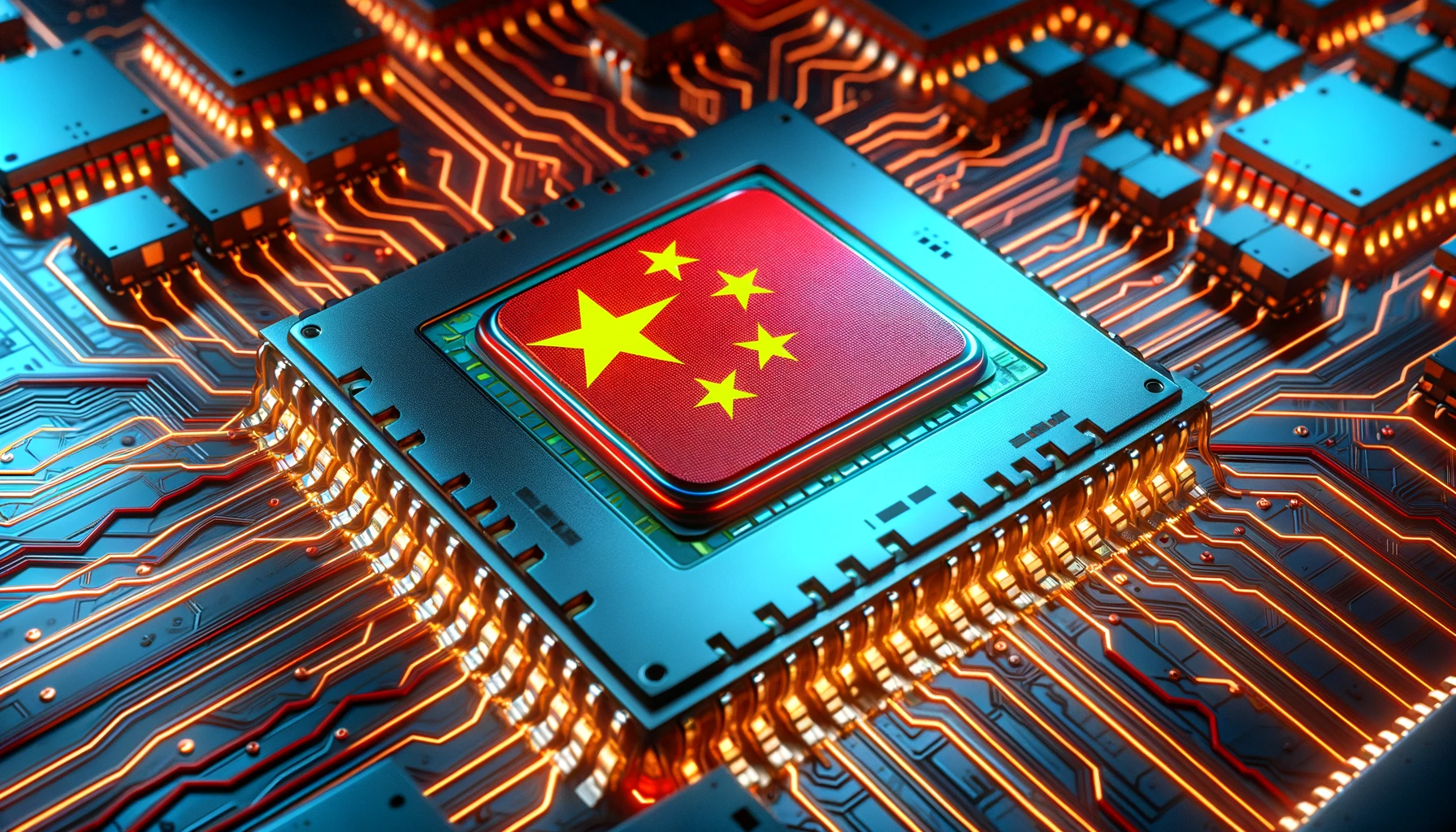 Digital artwork of a semiconductor chip with Chinese flag elements
