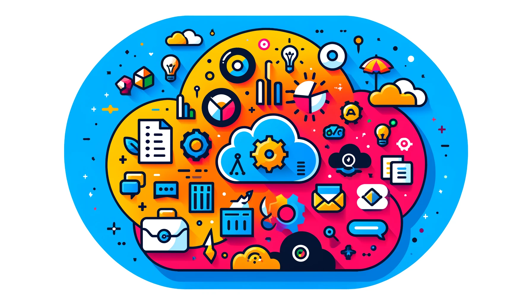 Vibrant flat design illustration of cloud spend optimization tools with various icons.