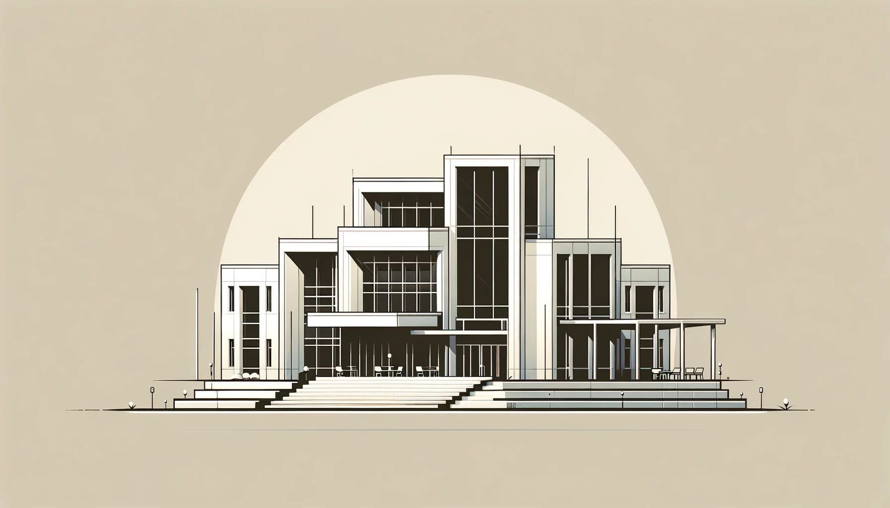 Minimalist style depiction of a modern school with sleek lines and minimal details.