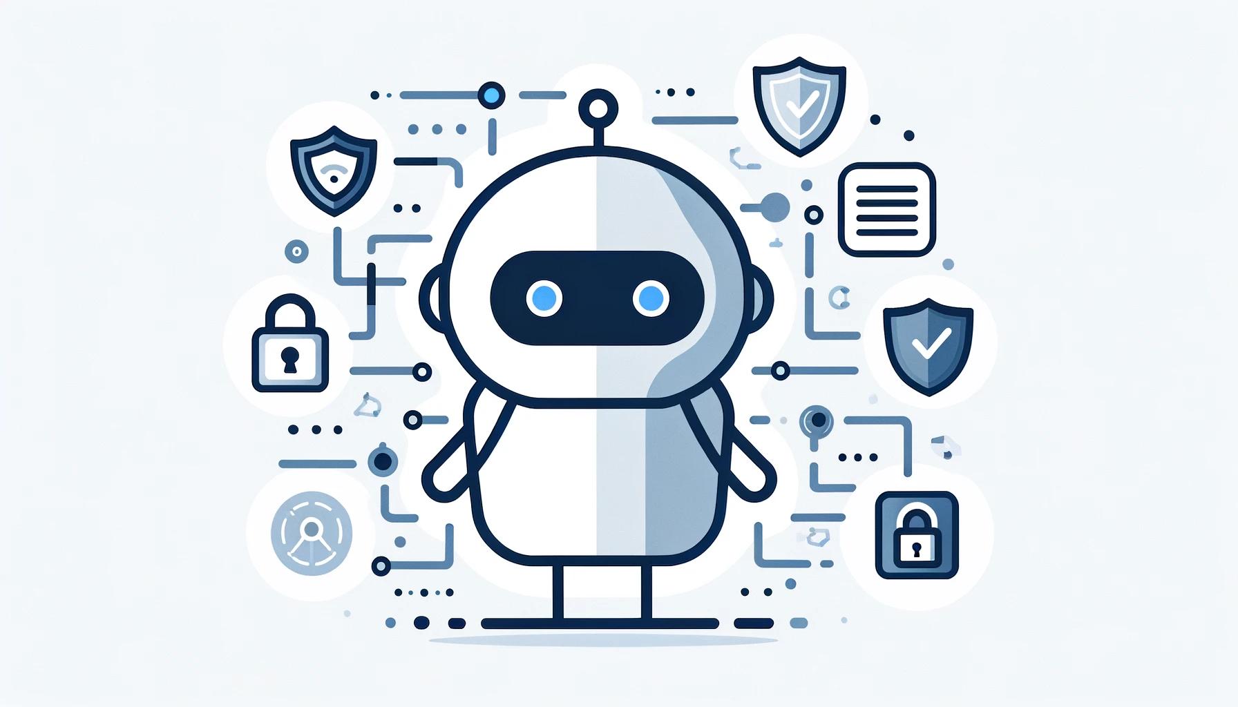 Minimalistic design of AI chatbot interacting with secure data icons in subtle blue and grey shades.