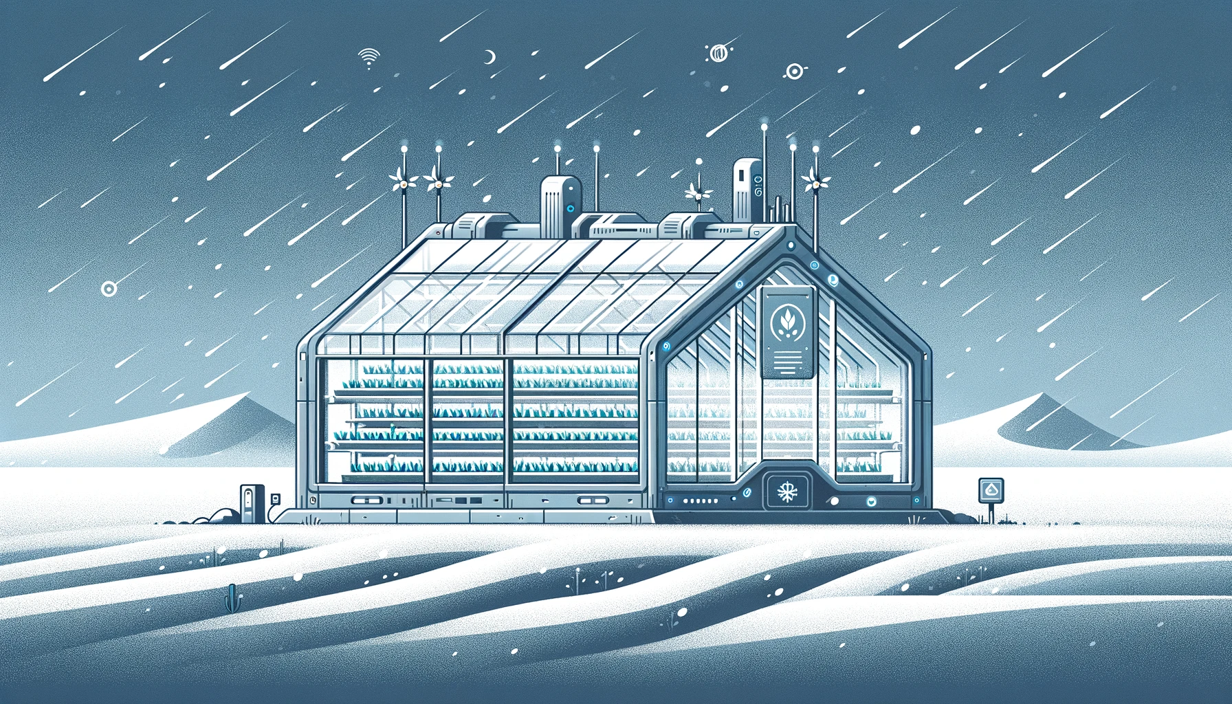 Minimalist illustration of a futuristic greenhouse with advanced climate control and sensors in extreme weather