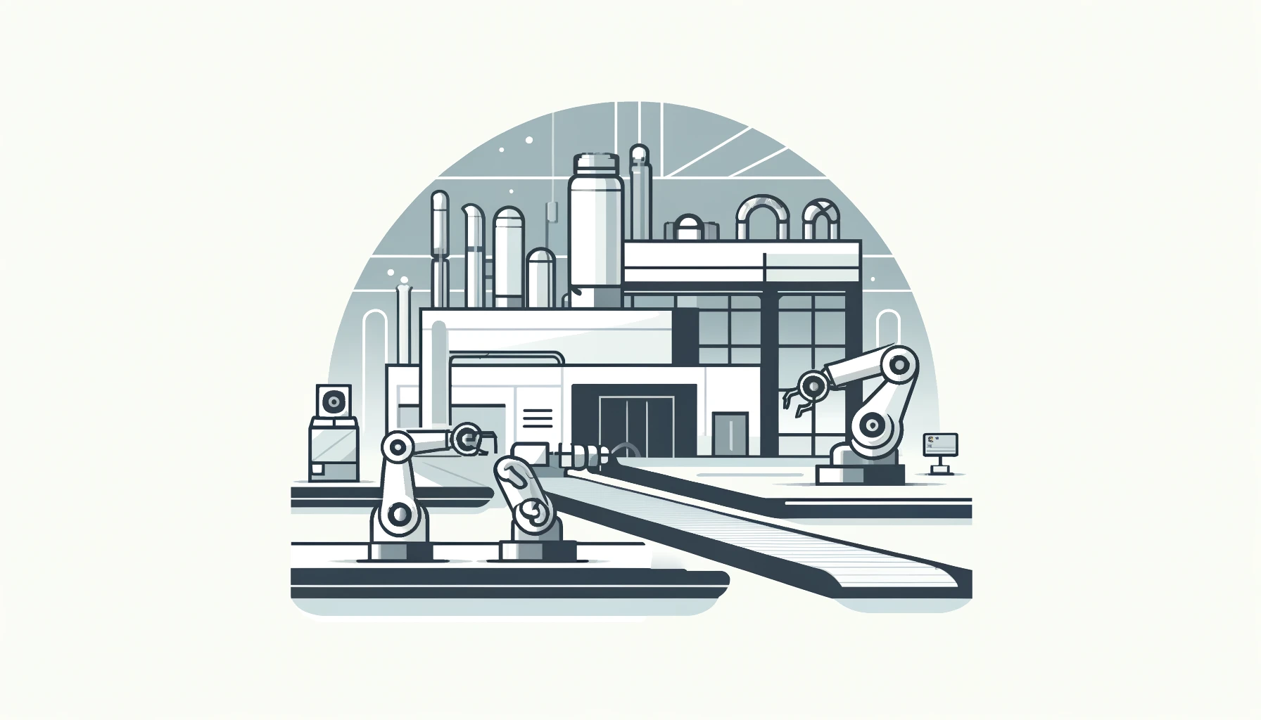 Minimalist illustration of a robotic factory with sleek lines, robotic arms, automated conveyor belts, and advanced machinery, highlighting modern automation technology.