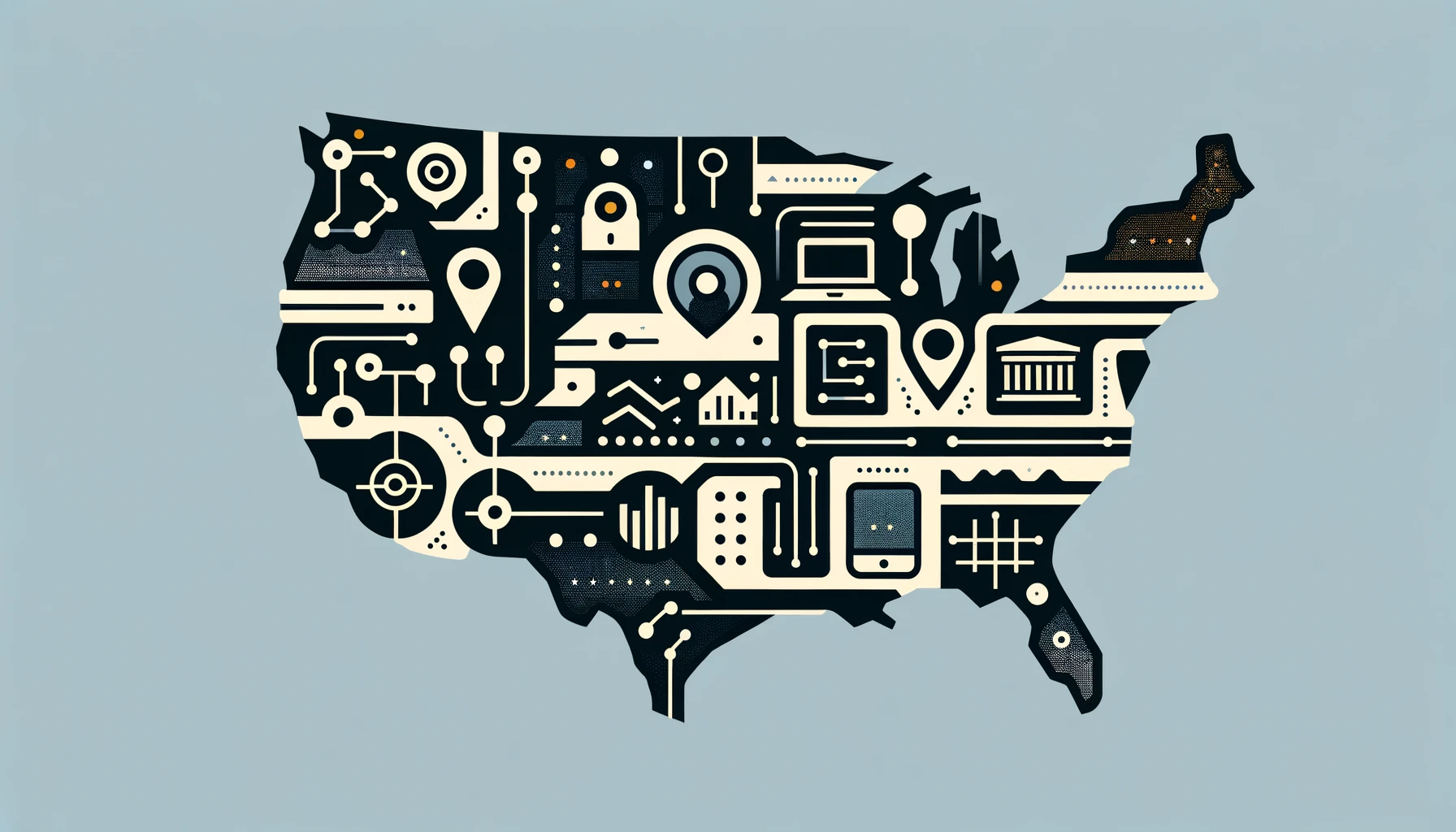 Minimalist U.S. map with tech symbols highlighting expansion.