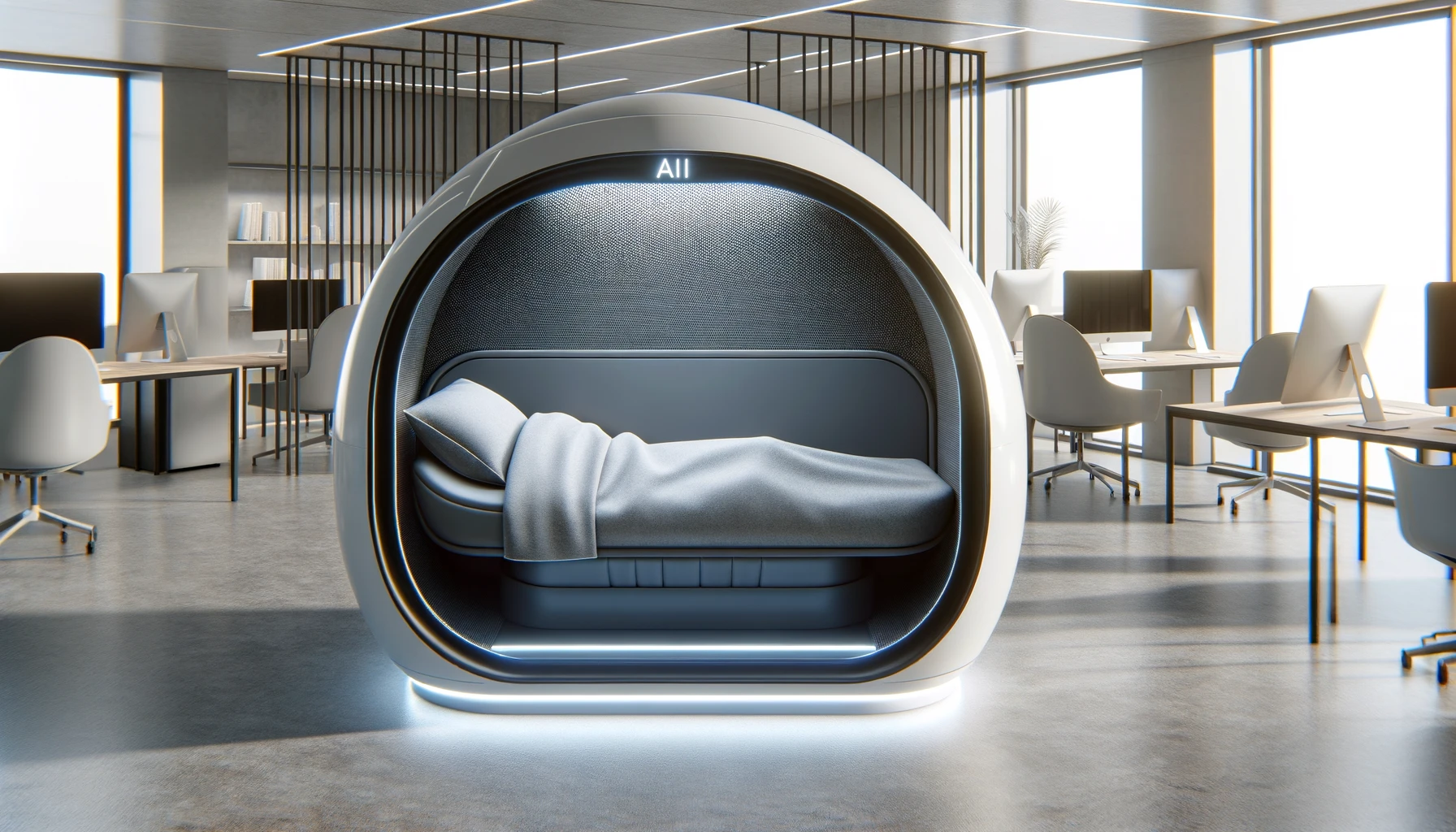 Futuristic nap pod in a modern AI startup office.