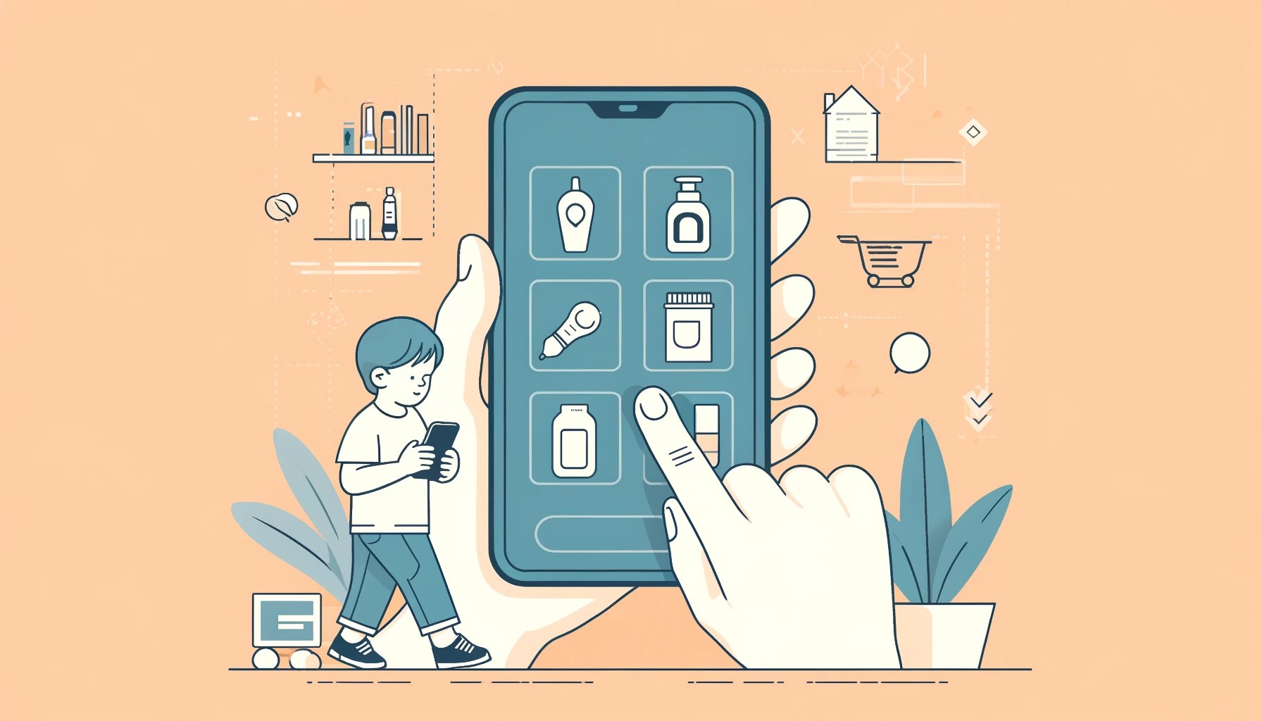 Parent using a mobile app with elements for product recommendations in a minimalist style, without any text or inscriptions.