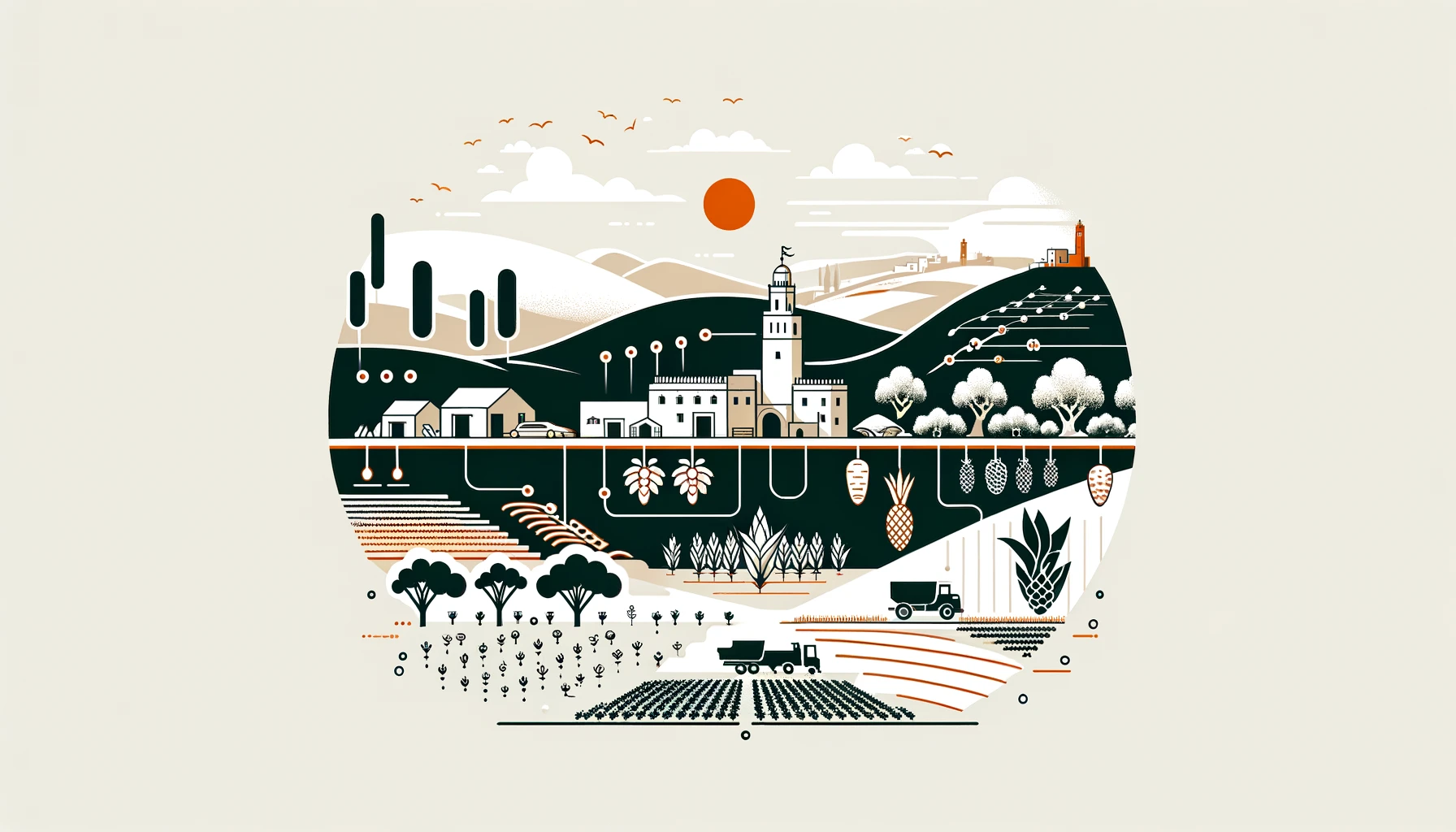 Minimalistic concept art of Yola Fresh's impact on Moroccan agriculture, showing a seamless connection from farm to table with stylized Moroccan landscapes and fresh produce.
