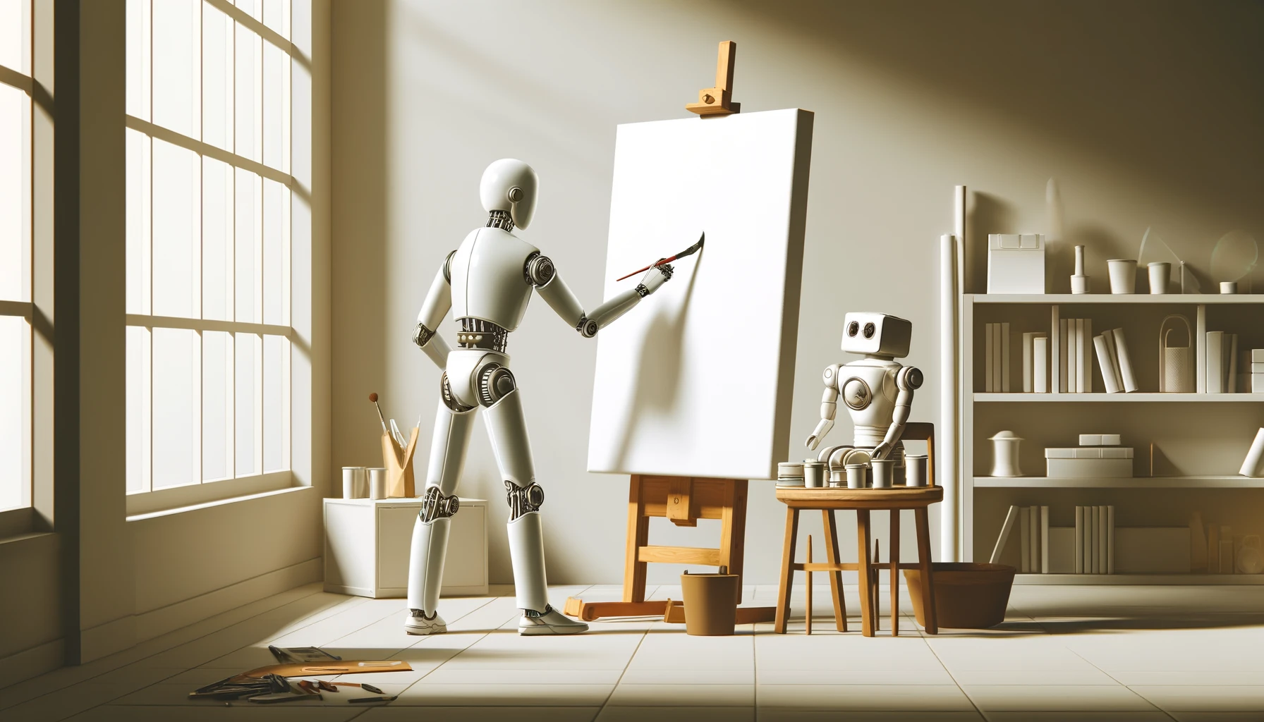 Minimalist style painting of an AI using digital tools to create art in a modern, sleek studio environment