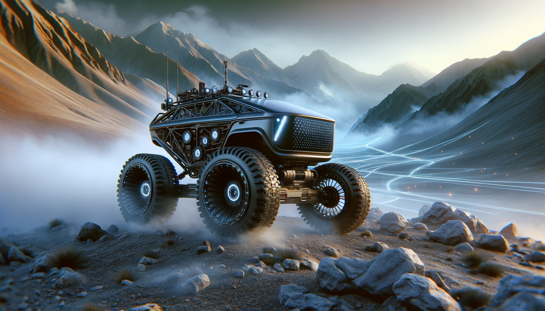 Futuristic design of off-road autonomous vehicles being tested in challenging terrains, showcasing advanced sensor technology and rugged design.