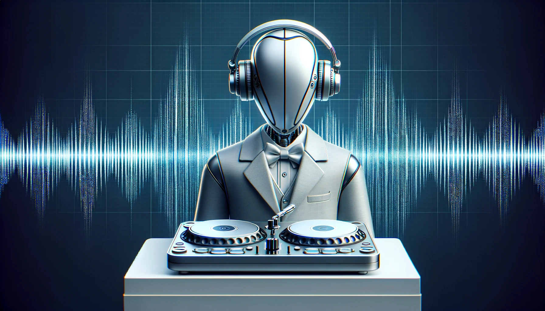 Minimalist AI DJ futuristic robot with headphones and digital soundwave background