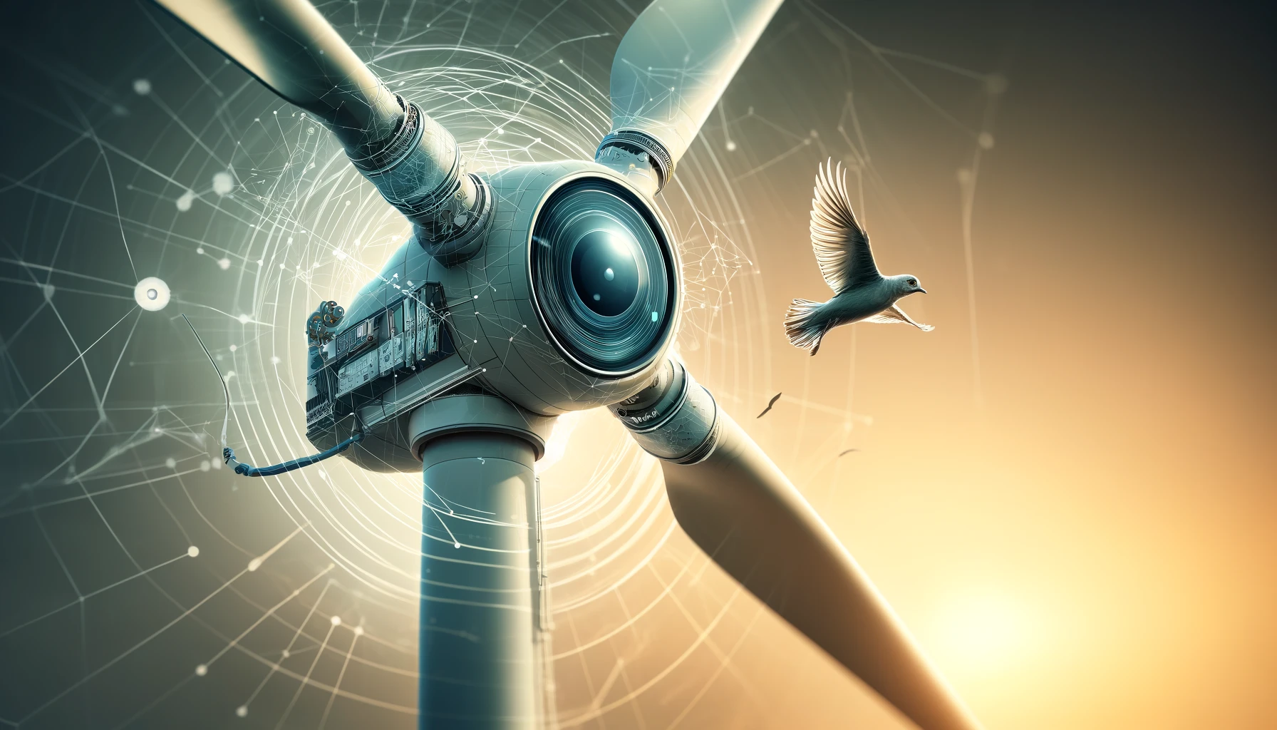 Close-up of wind turbine with AI equipment detecting a bird.