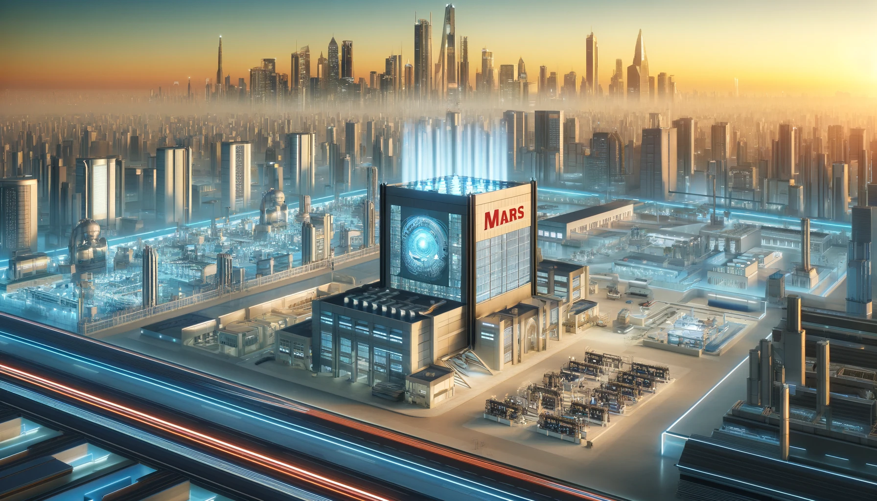 Futuristic cityscape with advanced manufacturing facilities in India.