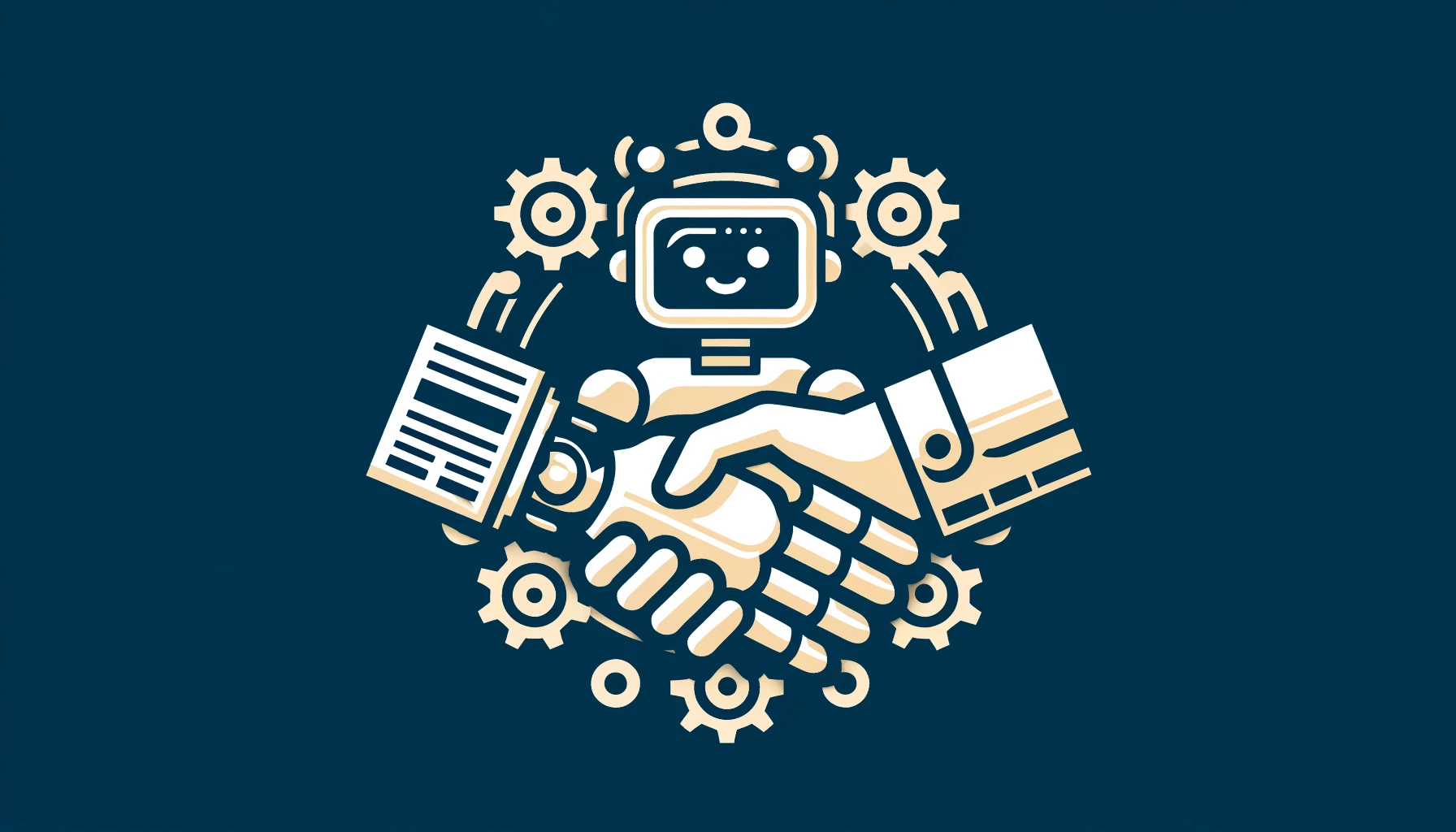 Vector image of AI and media partnership represented by a robot and human handshake.