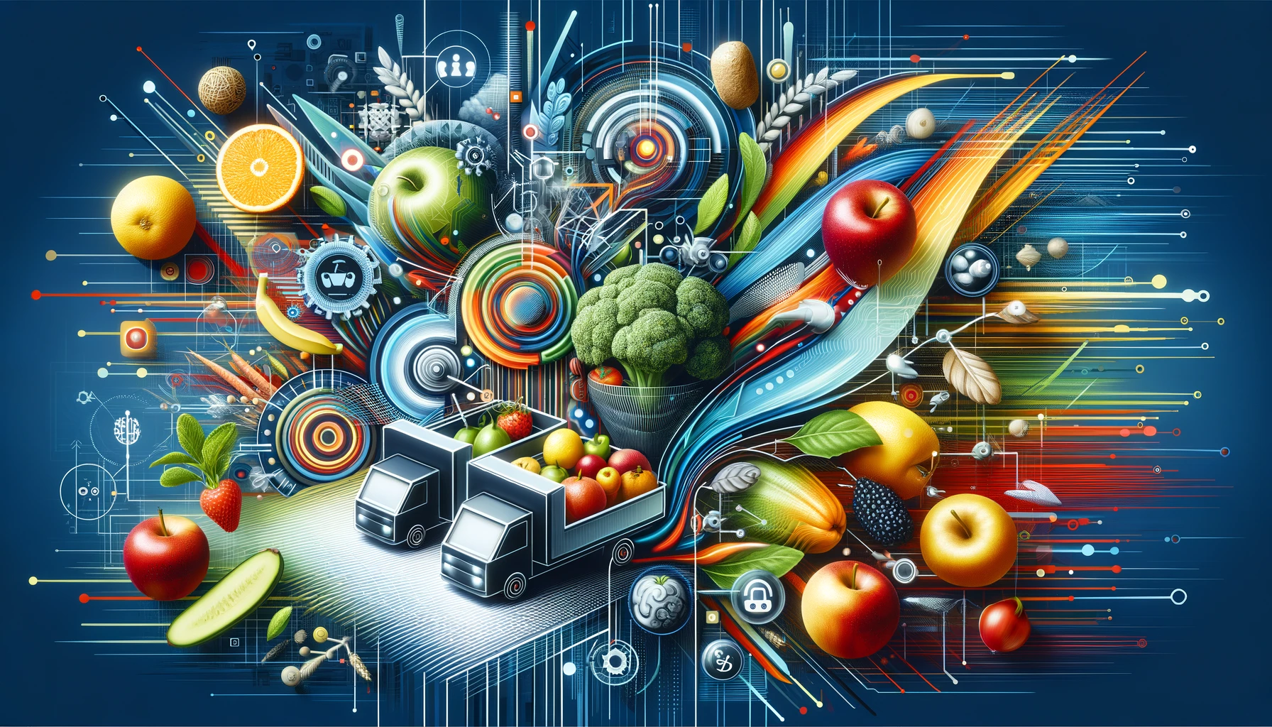 Modern art depiction of AI enhancing food supply chain efficiency for GrubMarket.