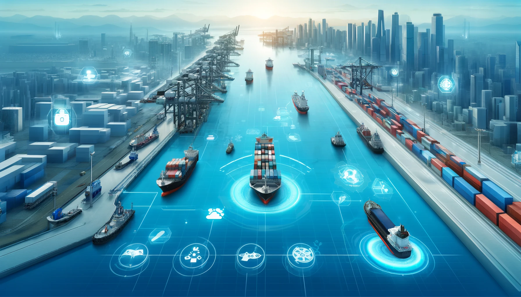 Maritime port with ships using autonomous systems