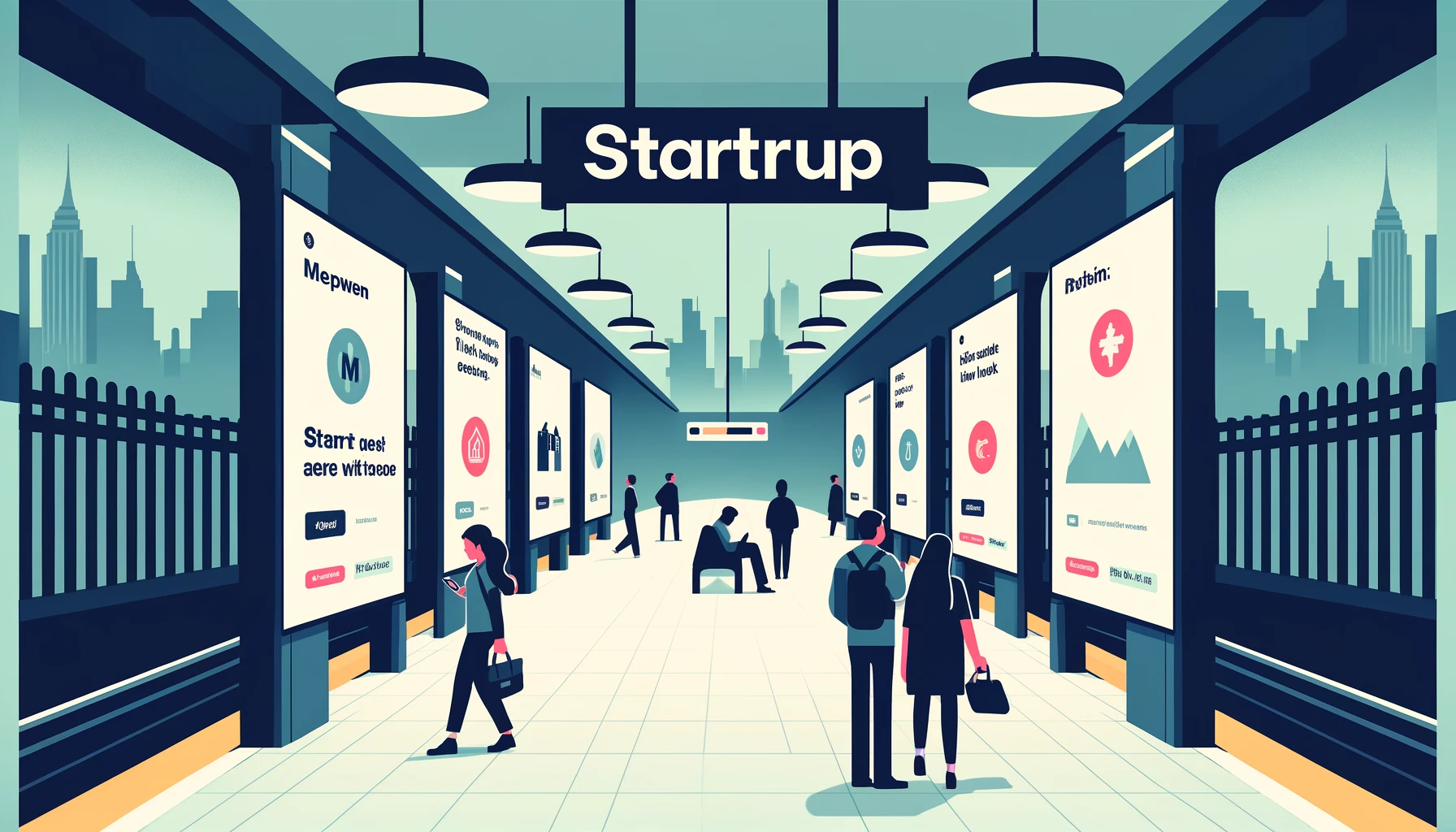Minimalist illustration of NYC subway station with startup ads on walls and commuters interacting.