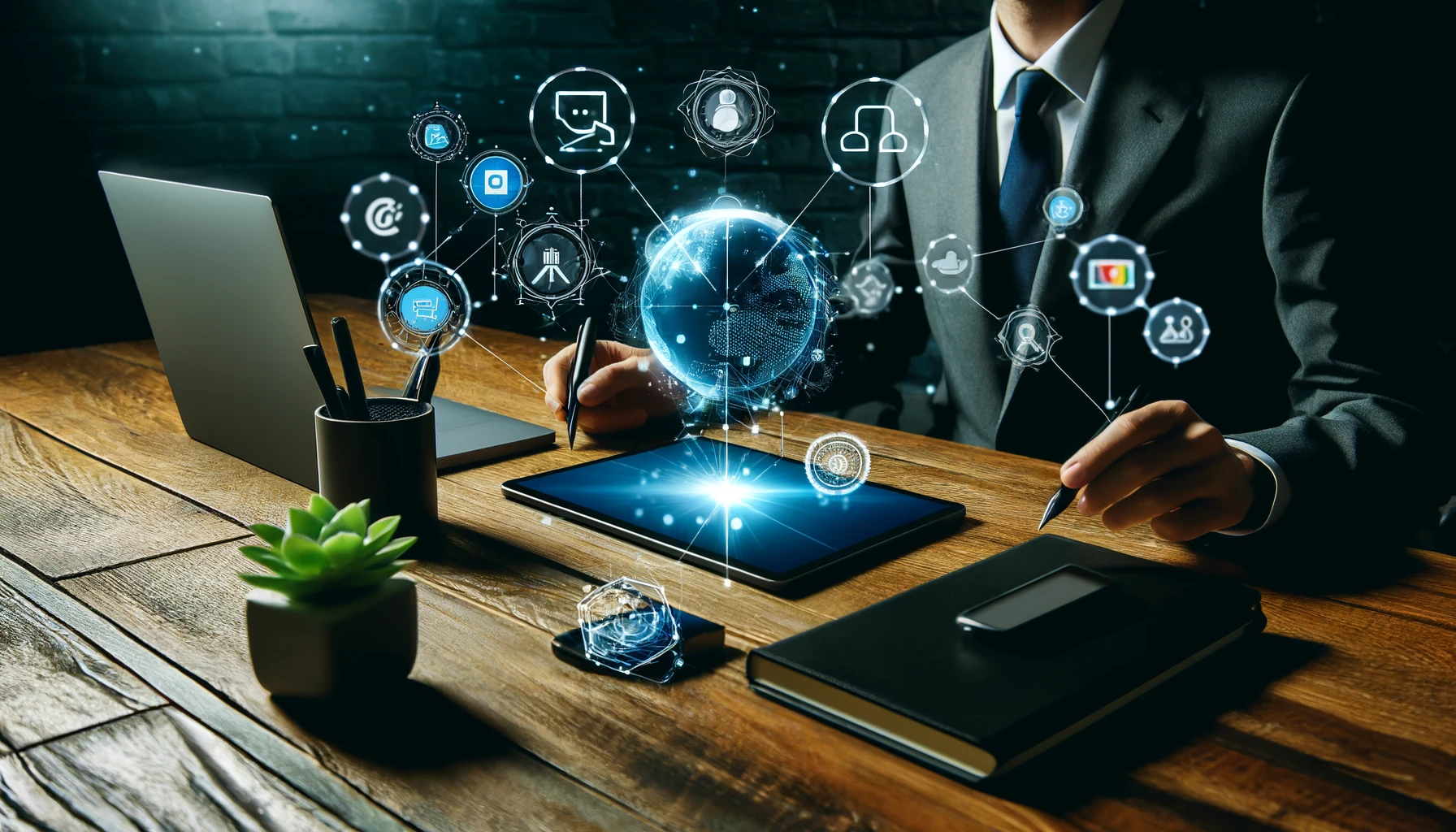Modern digital workspace with virtual meeting platform icons.