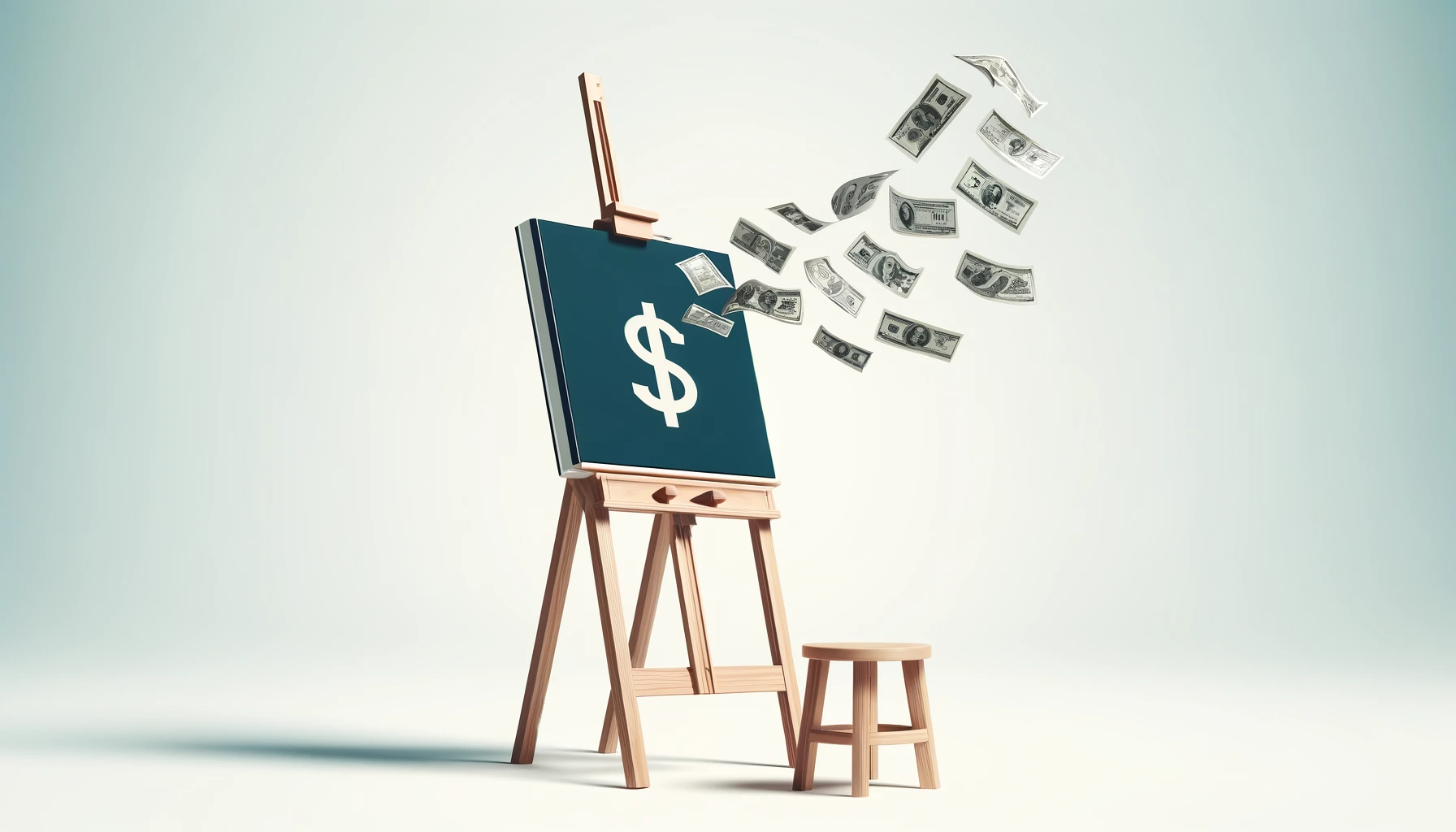 Minimalist illustration of an easel with dollars pouring out, symbolizing financial creativity.