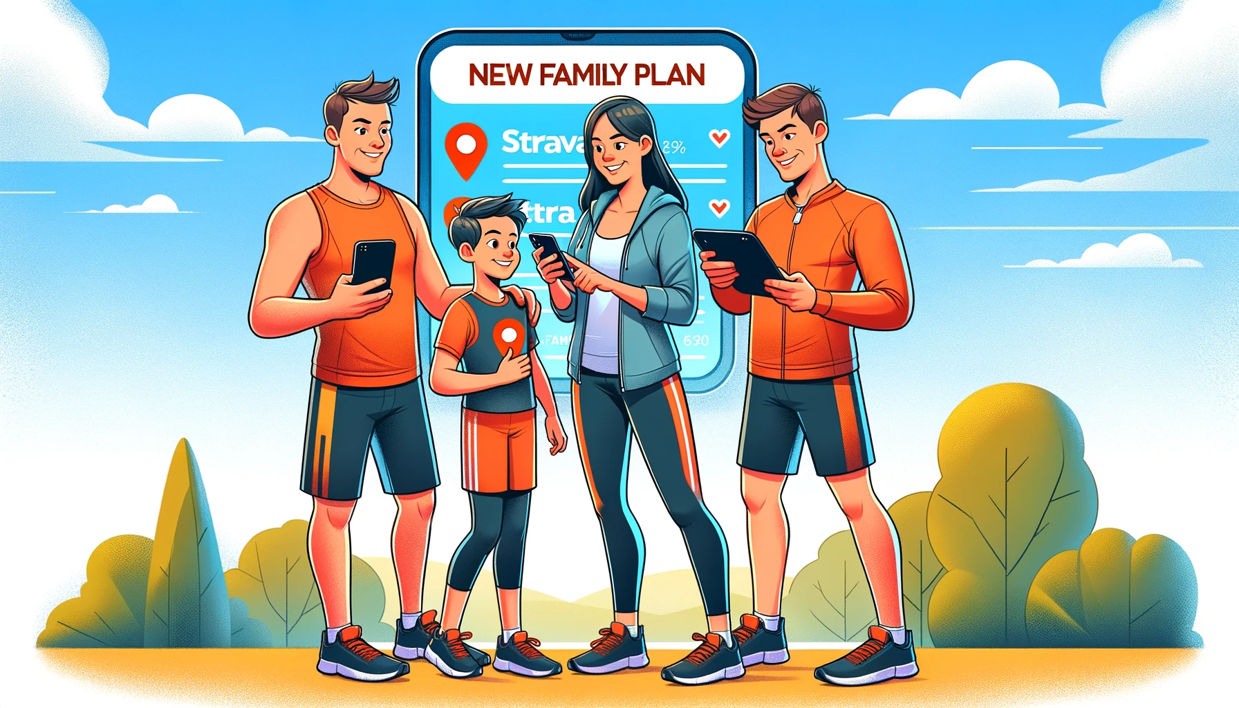 Cartoon of a family using Strava's new family plan for fitness tracking.