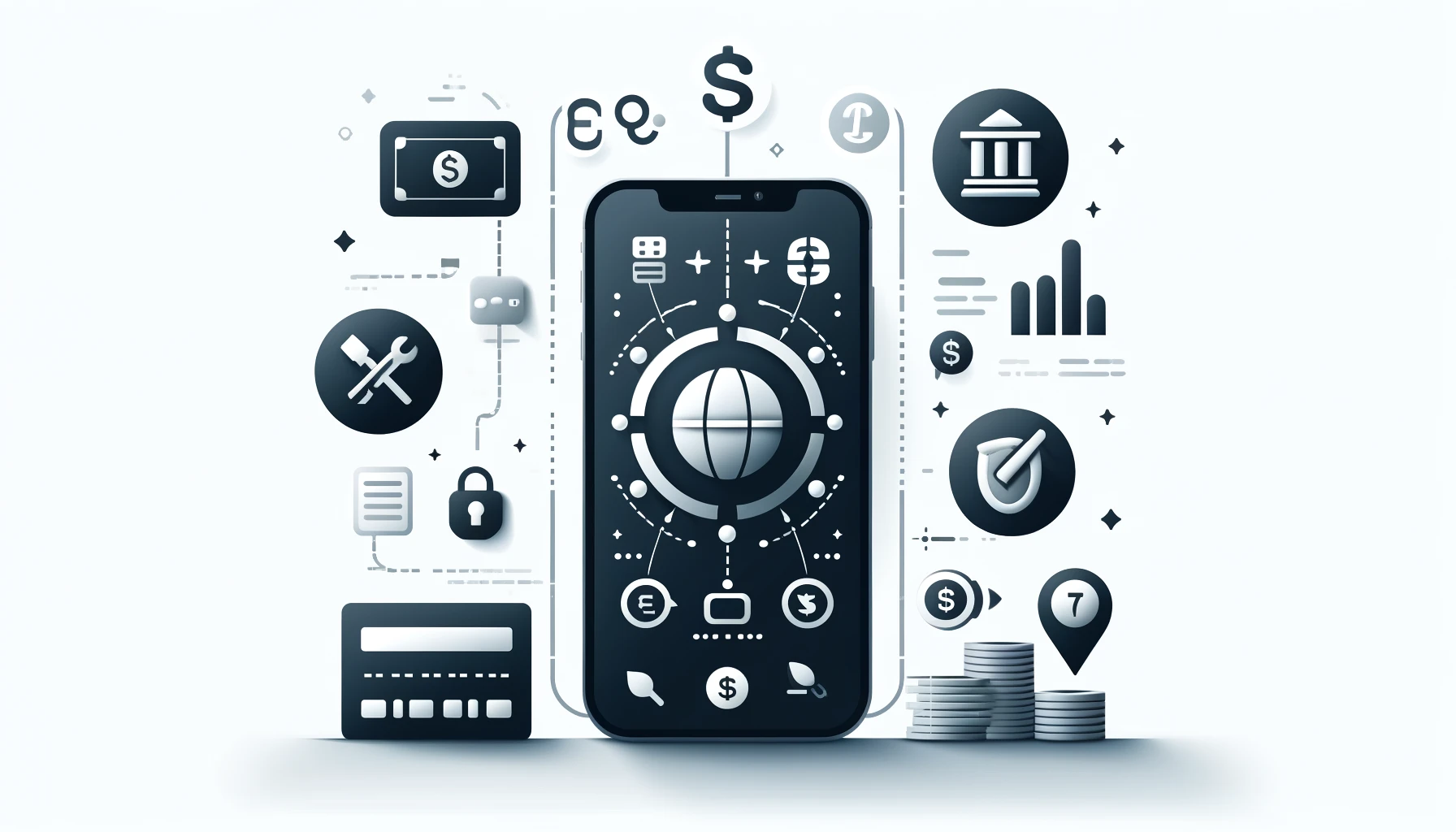 Modern minimalist design of a mobile app interface for banking and financial tools.