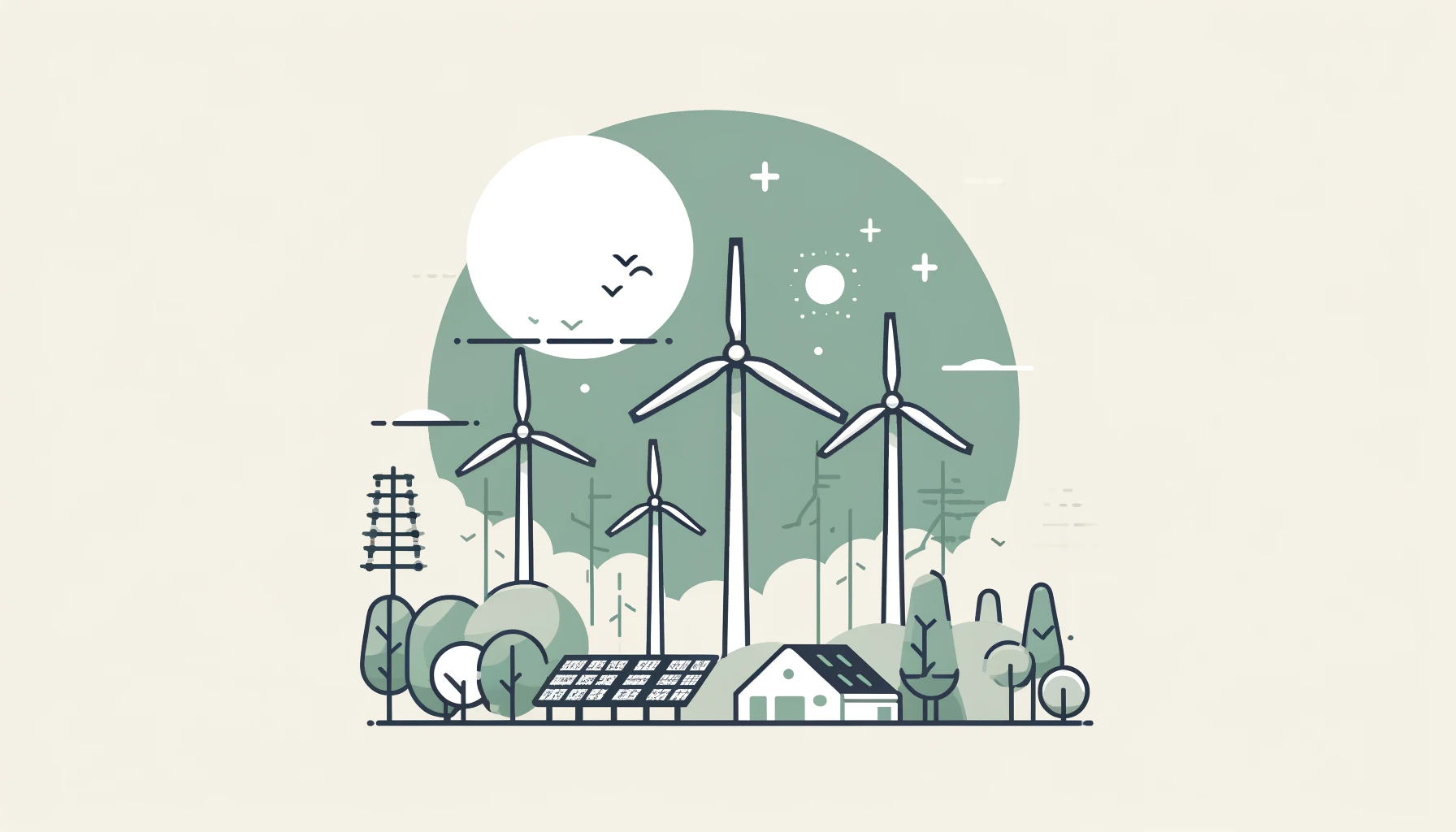 Minimalist vector art of renewable energy solutions with wind turbines and solar panels