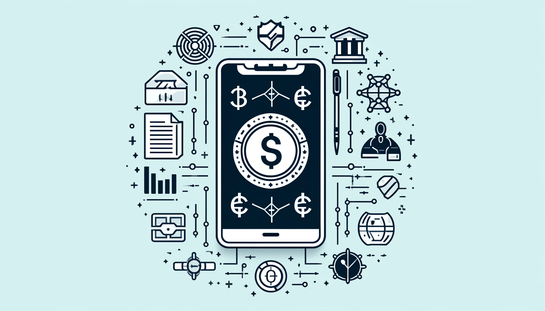 Fintech app screen surrounded by regulatory symbols.