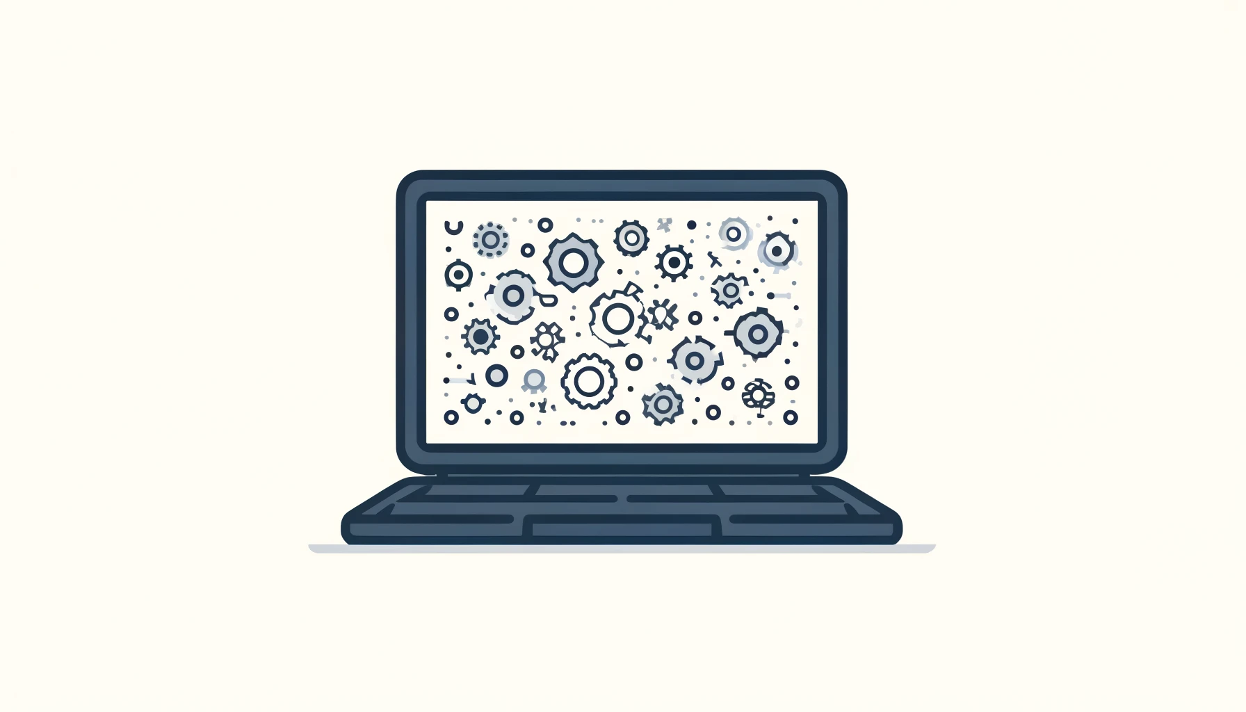 Laptop with screen full of abstract gears in a minimalistic style, representing integration and efficiency.
